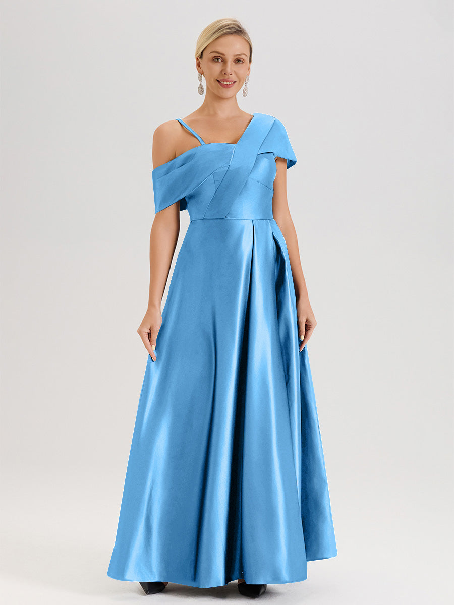 Cicinia Bleu Encre Robe Mère De La Mariée Longueur Au Sol Trapèze Une Épaule En Satin Avec Jupe Plissée Fendue
