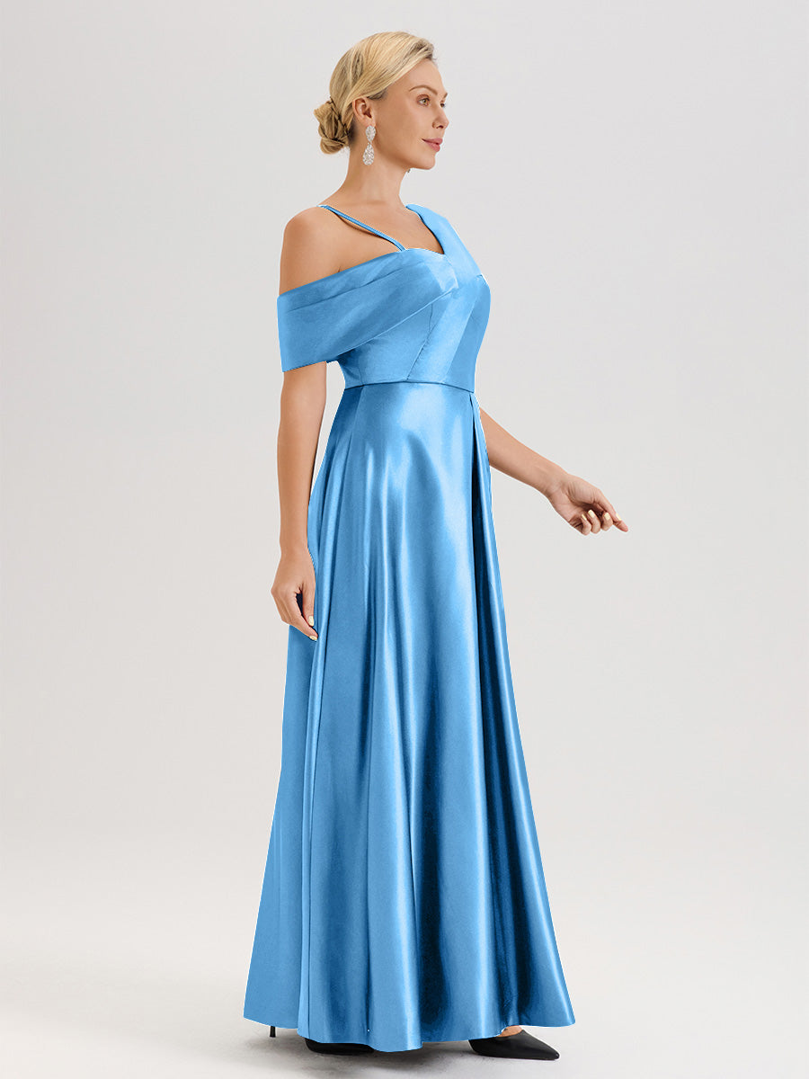 Cicinia Bleu Encre Robe Mère De La Mariée Longueur Au Sol Trapèze Une Épaule En Satin Avec Jupe Plissée Fendue