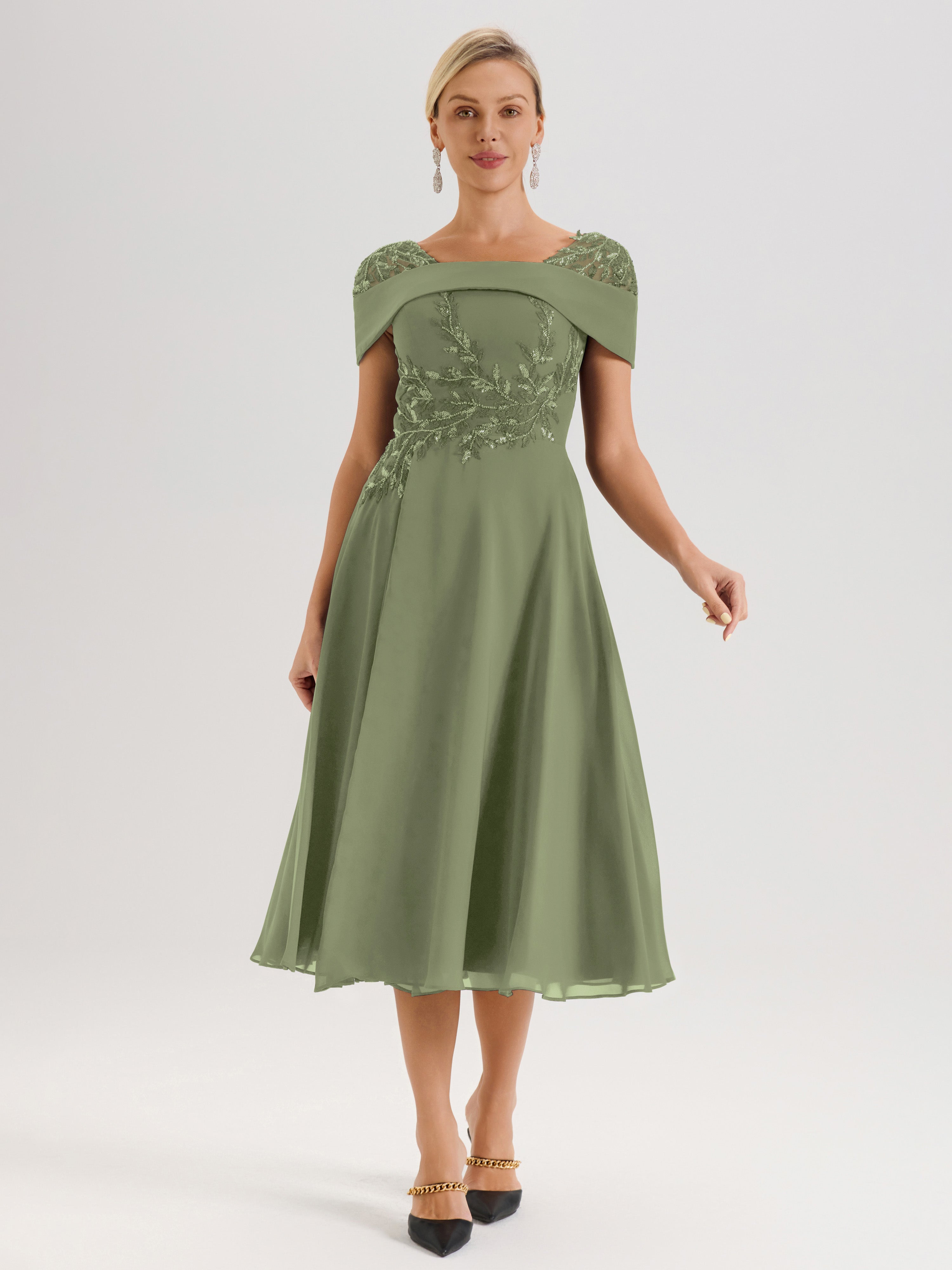 Cicinia Robe Trapèze Pour Mère De La Mariée Olive En Mousseline Et Dentelle Col Carré Manches Courtes Longueur Mi-Mollet