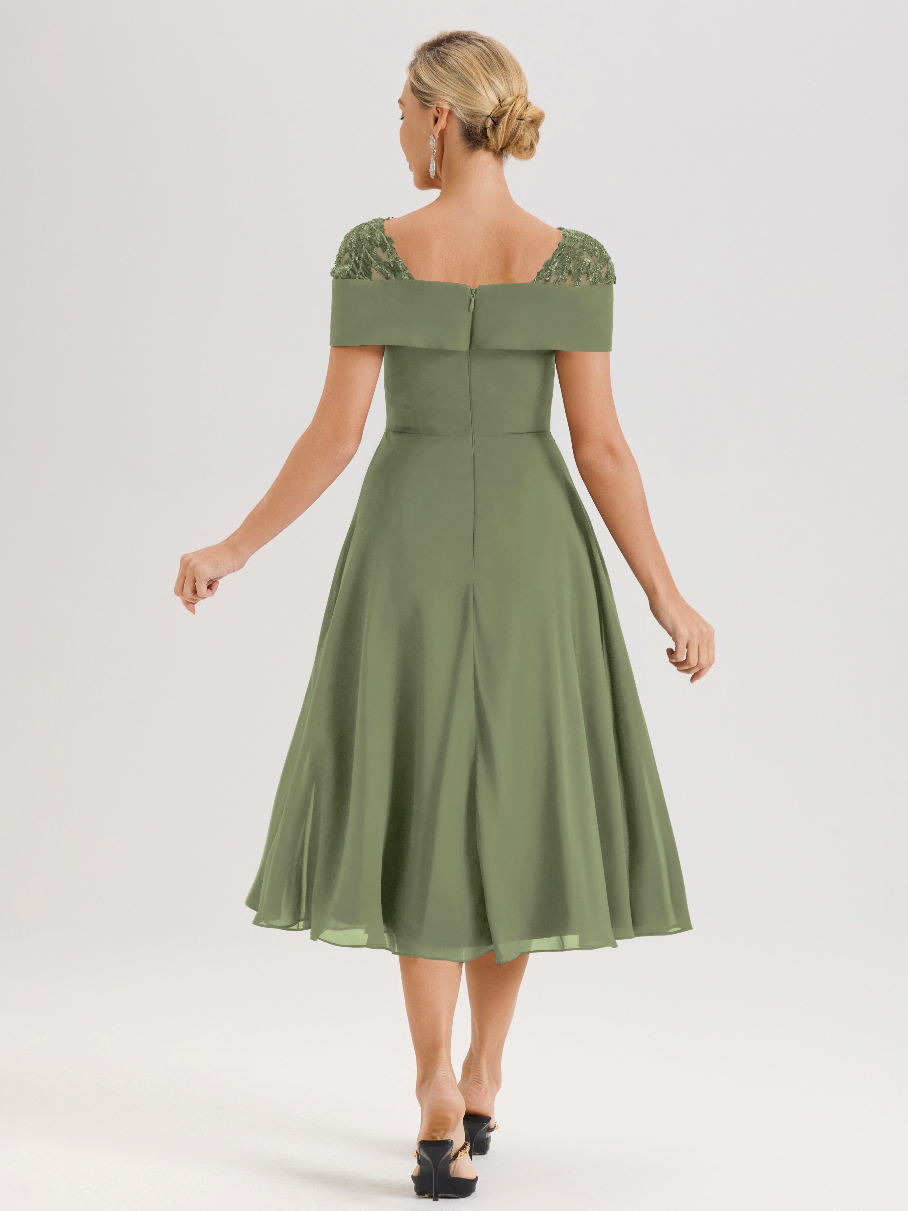 Cicinia Robe Trapèze Pour Mère De La Mariée Olive En Mousseline Et Dentelle Col Carré Manches Courtes Longueur Mi-Mollet