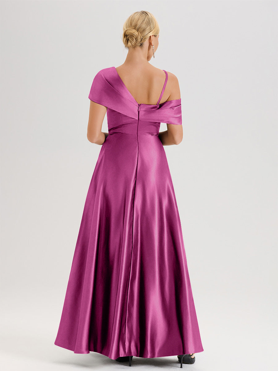 Cicinia Ivoire Robe Mère De La Mariée Longueur Au Sol Trapèze Une Épaule En Satin Avec Jupe Plissée Fendue