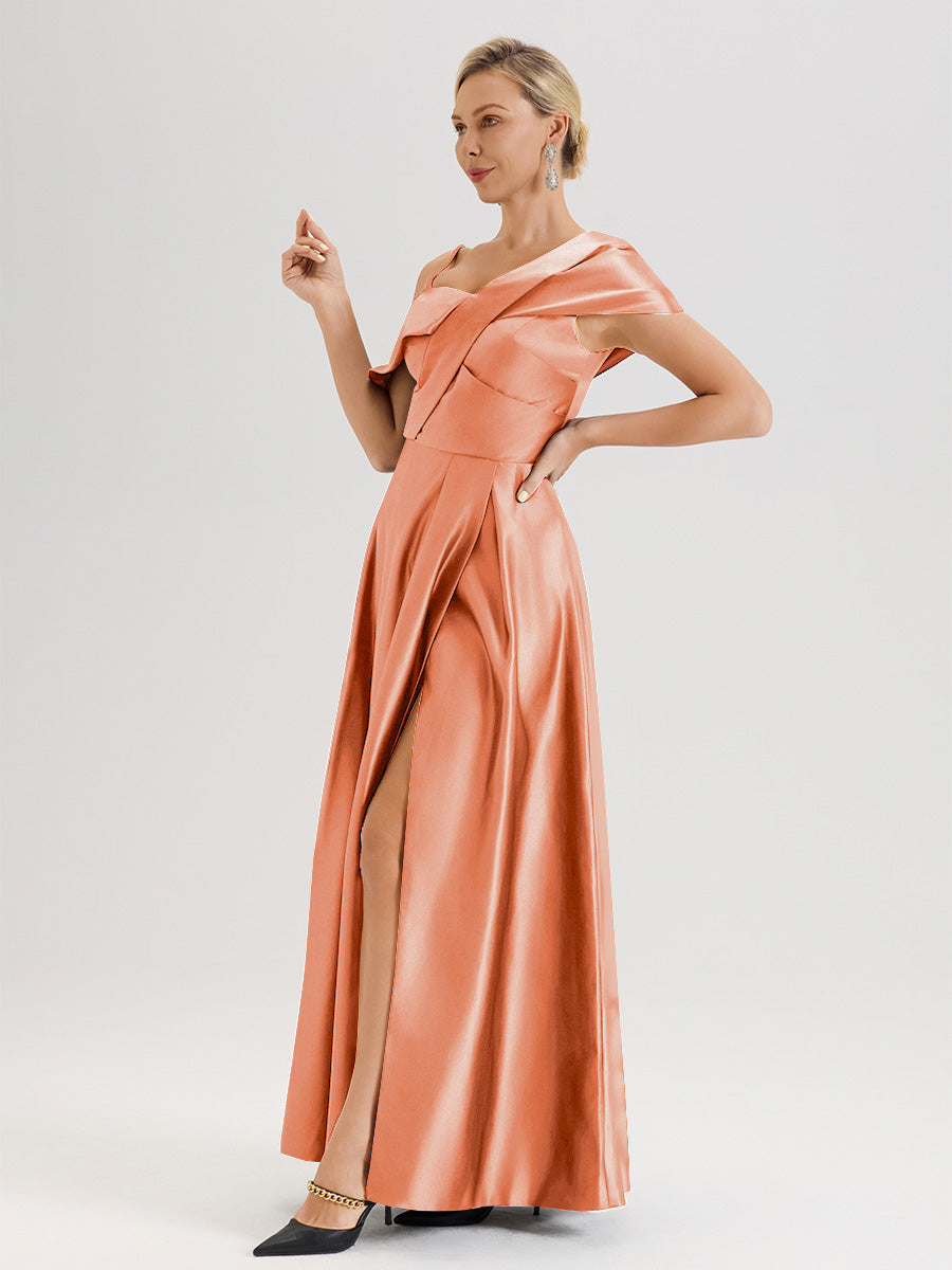Cicinia Jade Robe Mère De La Mariée Longueur Au Sol Trapèze Une Épaule En Satin Avec Jupe Plissée Fendue