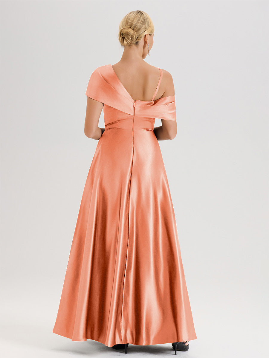 Cicinia Jade Robe Mère De La Mariée Longueur Au Sol Trapèze Une Épaule En Satin Avec Jupe Plissée Fendue