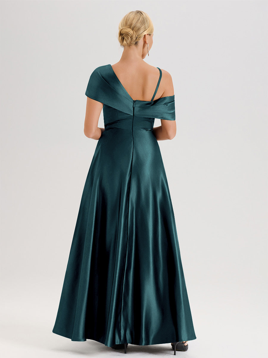 Cicinia Lavande Robe Mère De La Mariée Longueur Au Sol Trapèze Une Épaule En Satin Avec Jupe Plissée Fendue