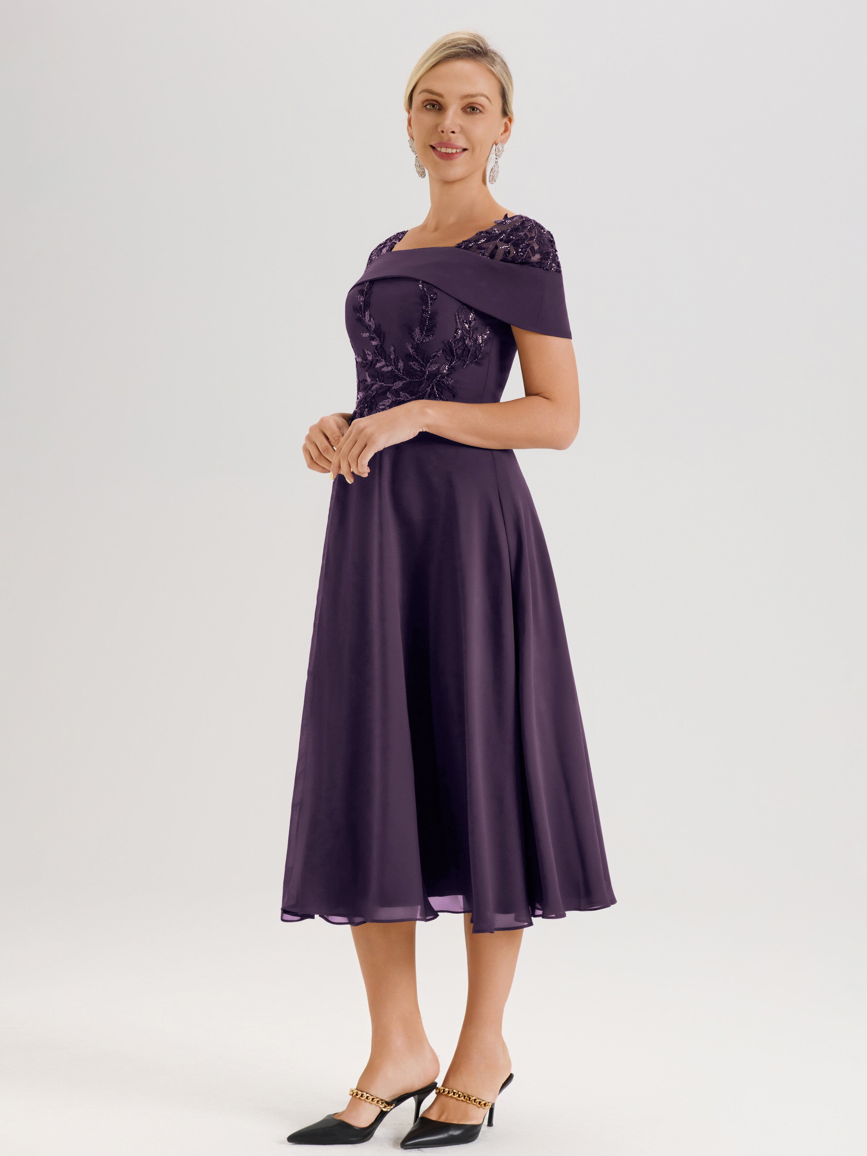 Cicinia Robe Trapèze Pour Mère De La Mariée En Plum En Mousseline Et Dentelle Col Carré Manches Courtes Longueur Mi-Mollet