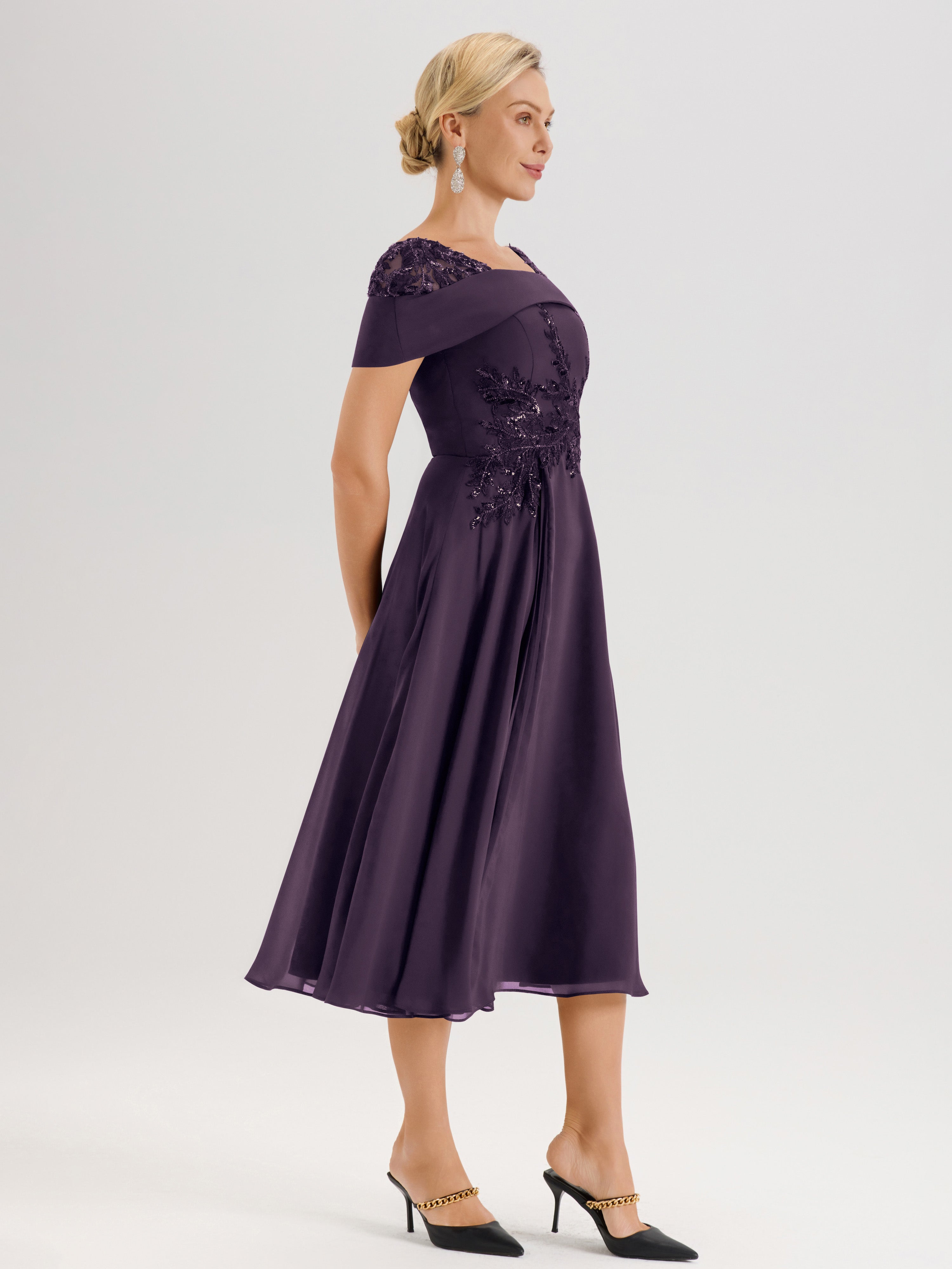 Cicinia Robe Trapèze Pour Mère De La Mariée En Plum En Mousseline Et Dentelle Col Carré Manches Courtes Longueur Mi-Mollet