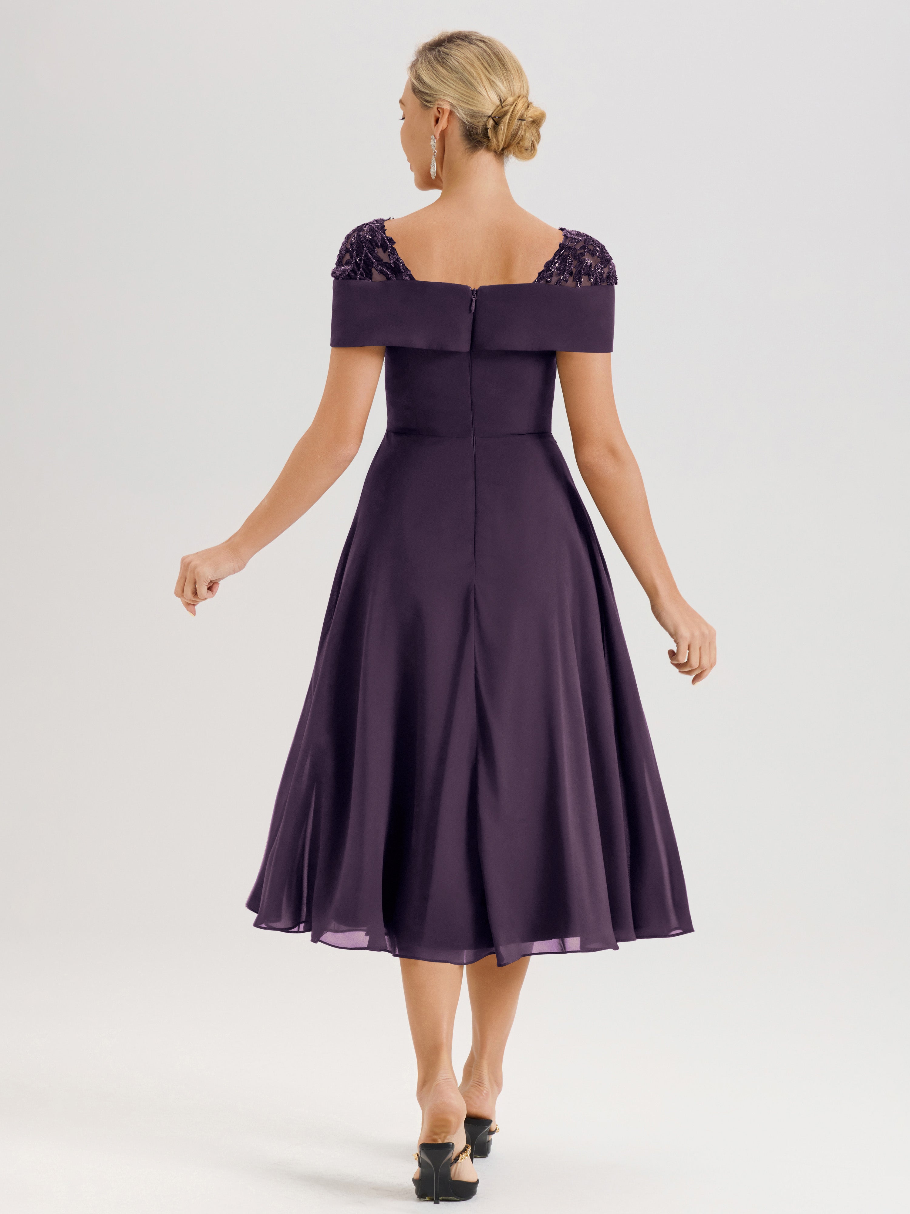 Cicinia Robe Trapèze Pour Mère De La Mariée En Plum En Mousseline Et Dentelle Col Carré Manches Courtes Longueur Mi-Mollet