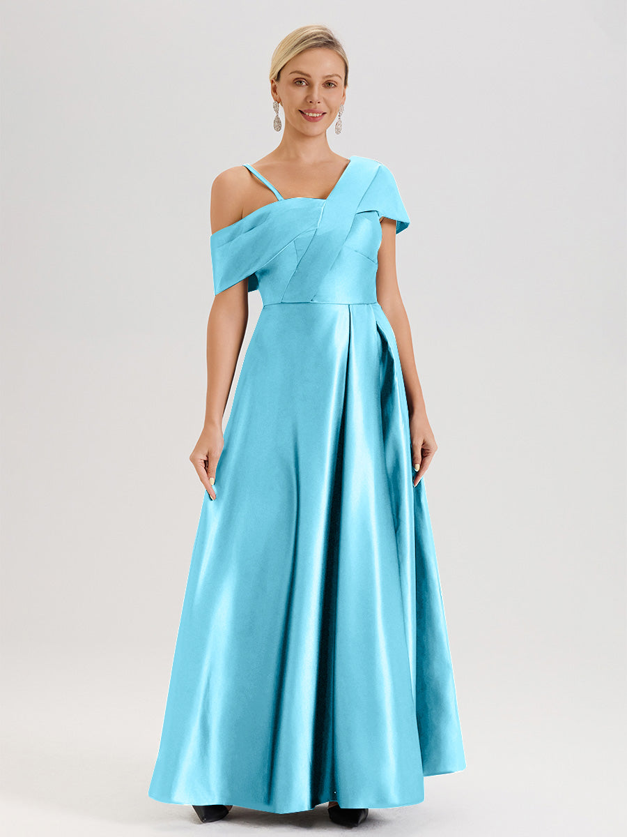 Cicinia Bleu Océan Robe Mère De La Mariée Longueur Au Sol Trapèze Une Épaule En Satin Avec Jupe Plissée Fendue