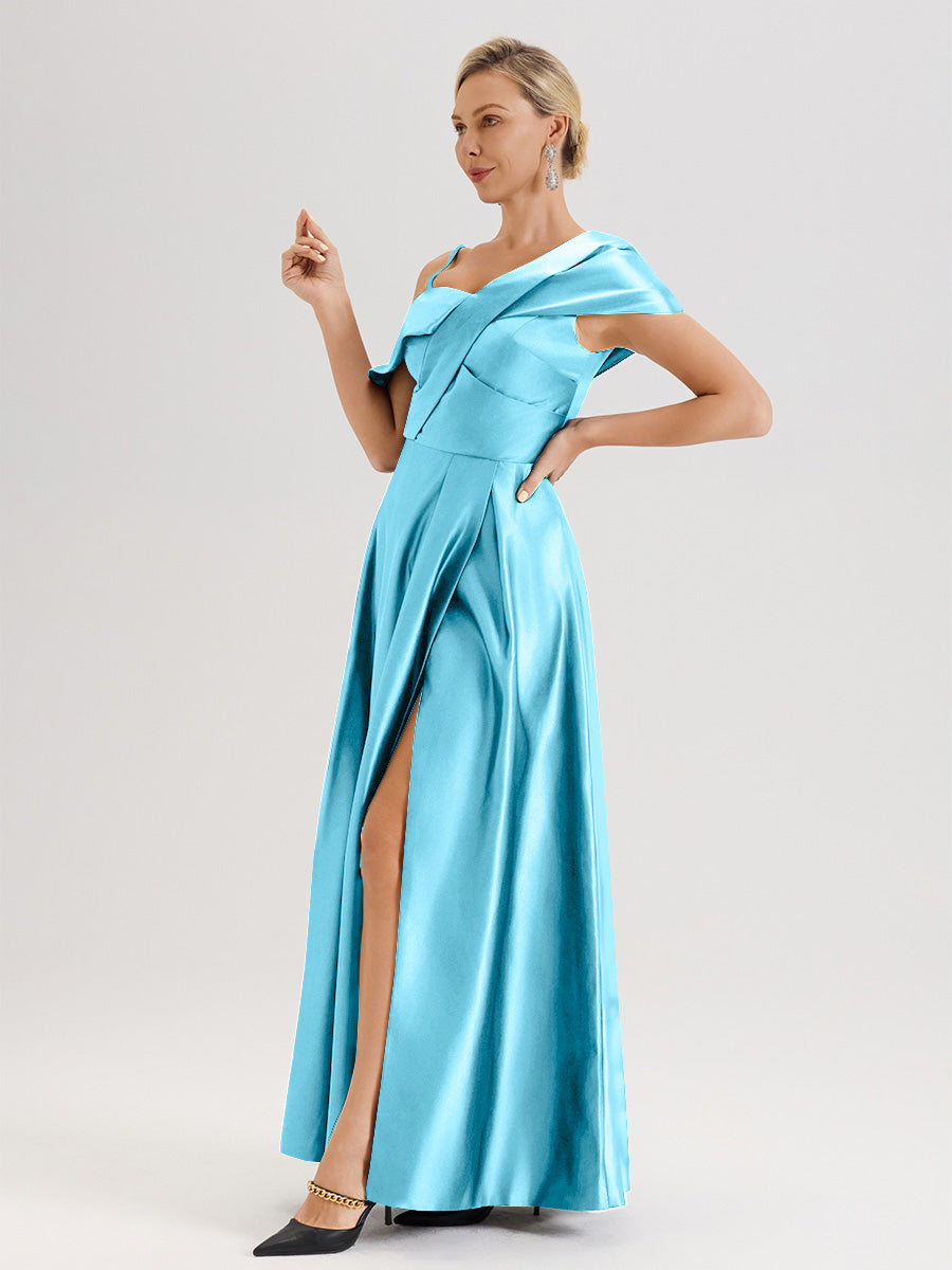 Cicinia Bleu Océan Robe Mère De La Mariée Longueur Au Sol Trapèze Une Épaule En Satin Avec Jupe Plissée Fendue