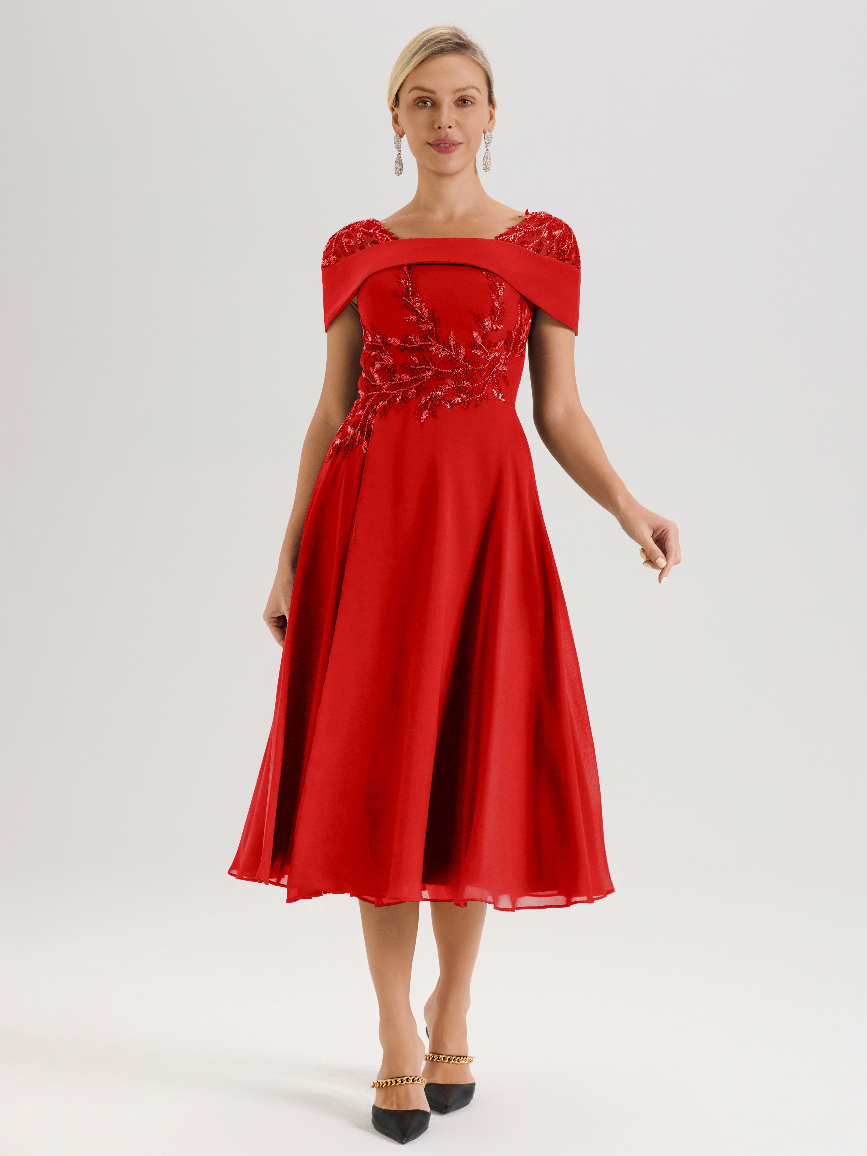 Cicinia Robe Trapèze Pour Mère De La Mariée Rouge Bordeaux En Mousseline Et Dentelle Col Carré Manches Courtes Longueur Mi-Mollet