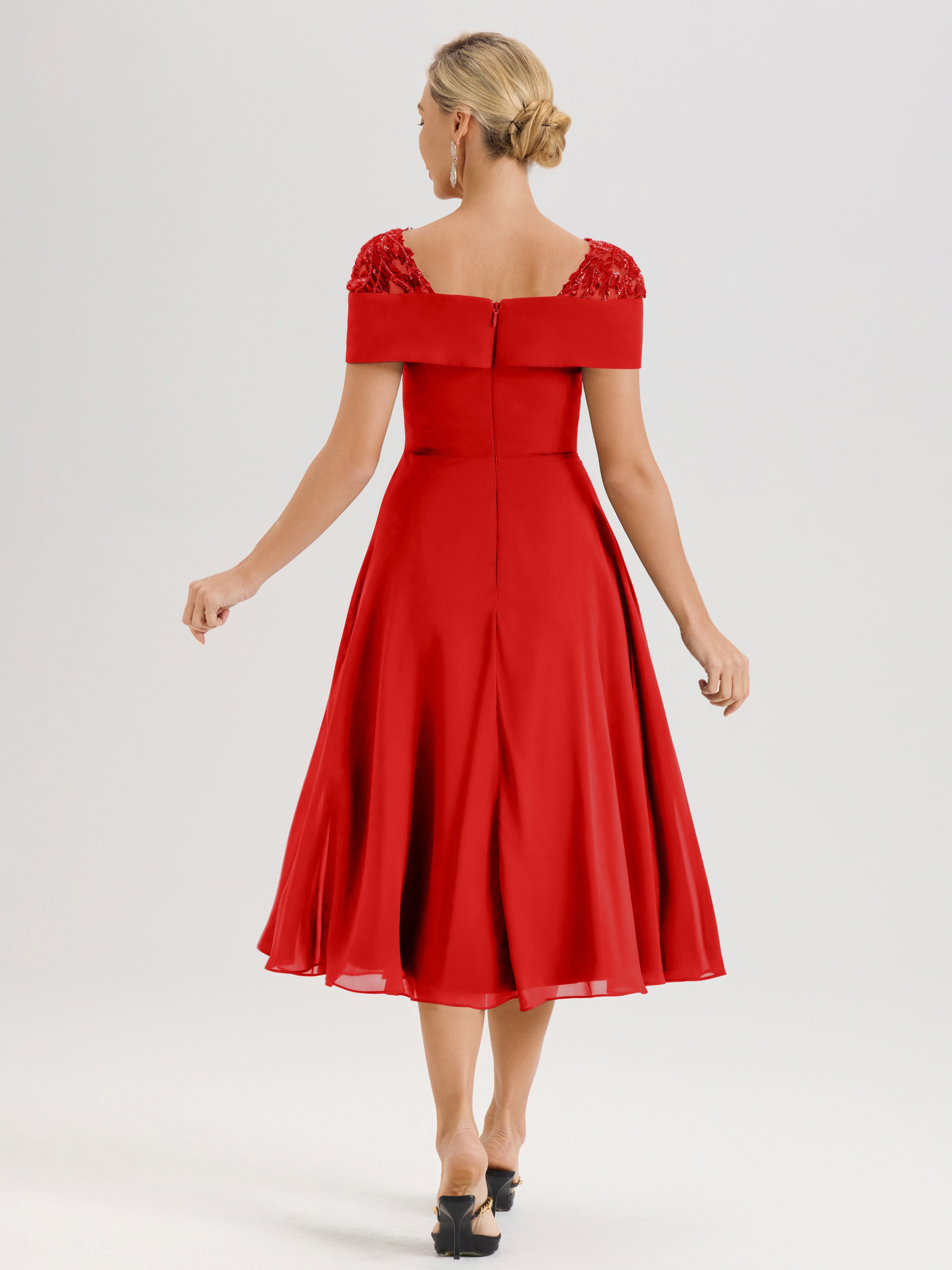 Cicinia Robe Trapèze Pour Mère De La Mariée Rouge Bordeaux En Mousseline Et Dentelle Col Carré Manches Courtes Longueur Mi-Mollet