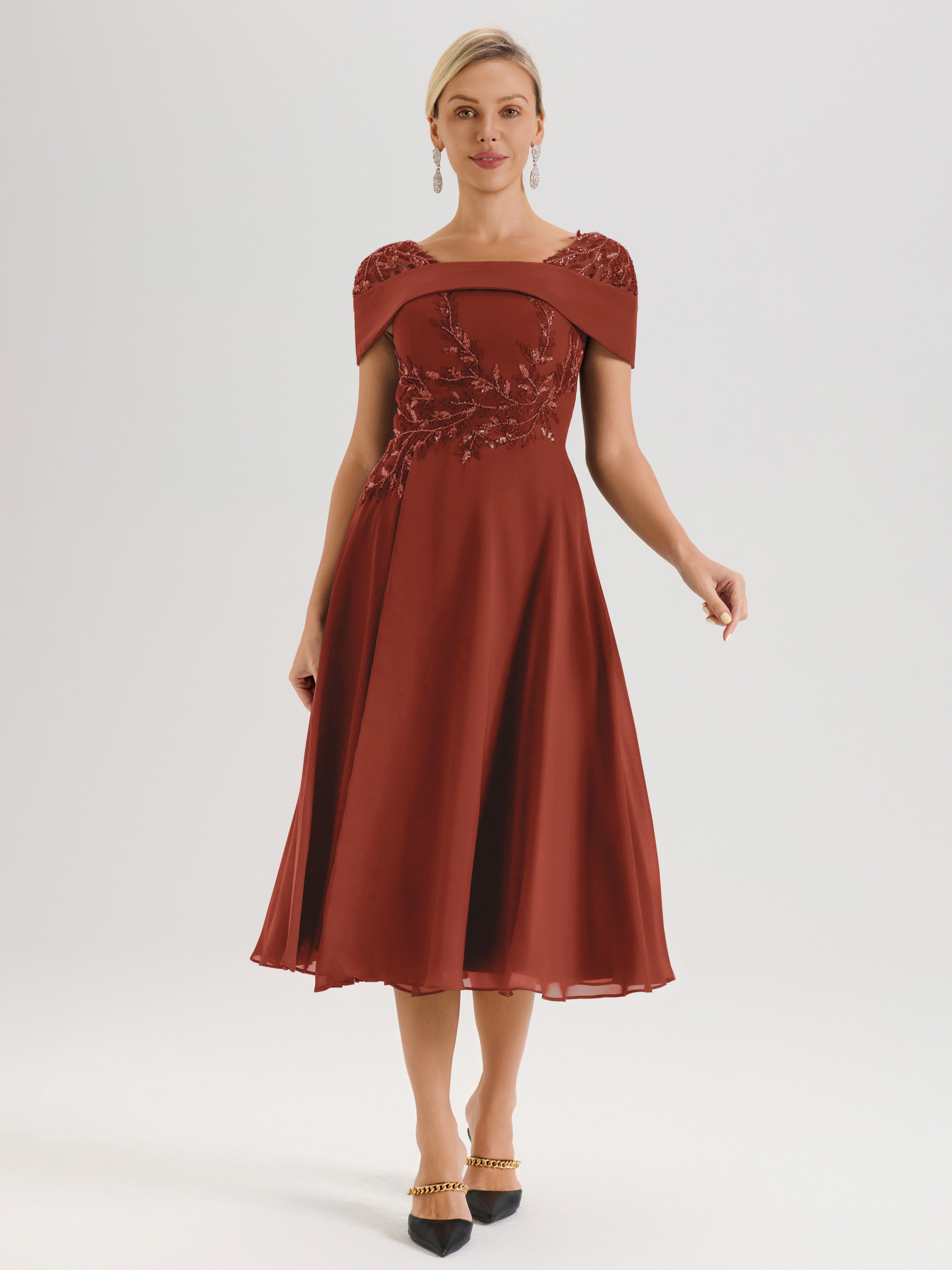 Cicinia Robe Trapèze Pour Mère De La Mariée Couleur Rouille En Mousseline Et Dentelle Col Carré Manches Courtes Longueur Mi-Mollet
