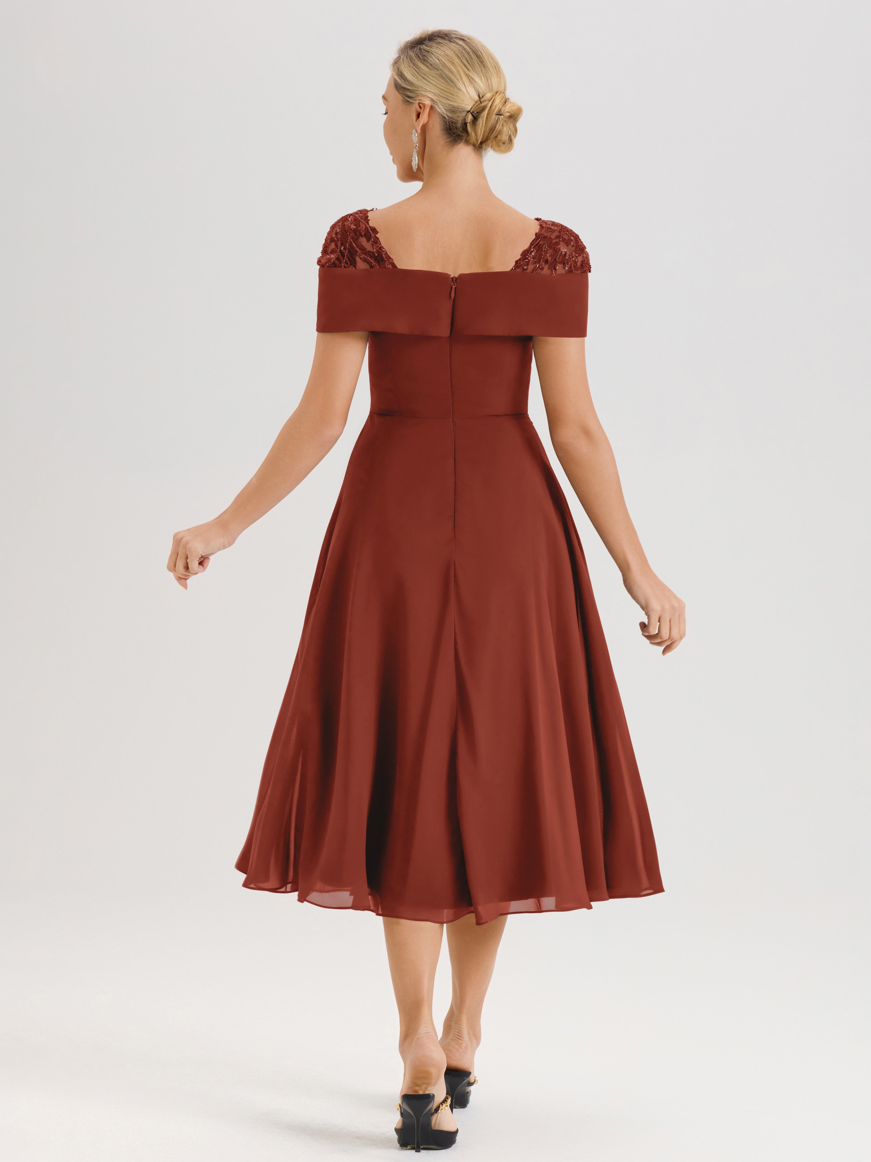 Cicinia Robe Trapèze Pour Mère De La Mariée Couleur Rouille En Mousseline Et Dentelle Col Carré Manches Courtes Longueur Mi-Mollet