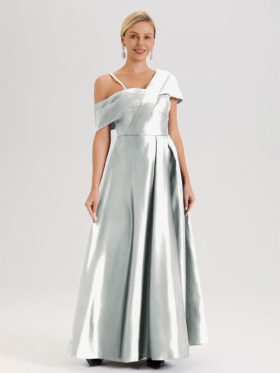 Cicinia Argent Robe Mère De La Mariée Longueur Au Sol Trapèze Une Épaule En Satin Avec Jupe Plissée Fendue