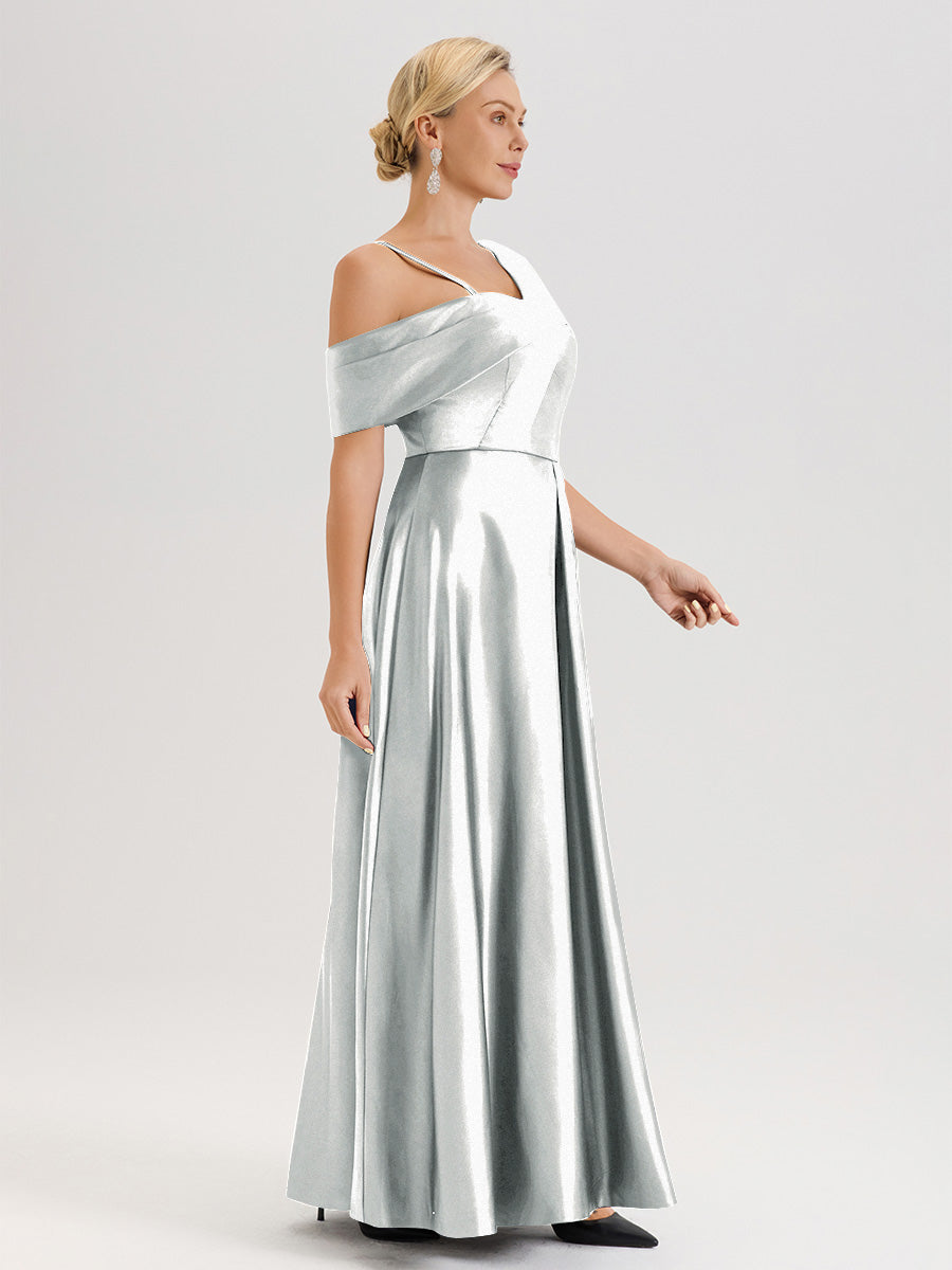 Cicinia Argent Robe Mère De La Mariée Longueur Au Sol Trapèze Une Épaule En Satin Avec Jupe Plissée Fendue