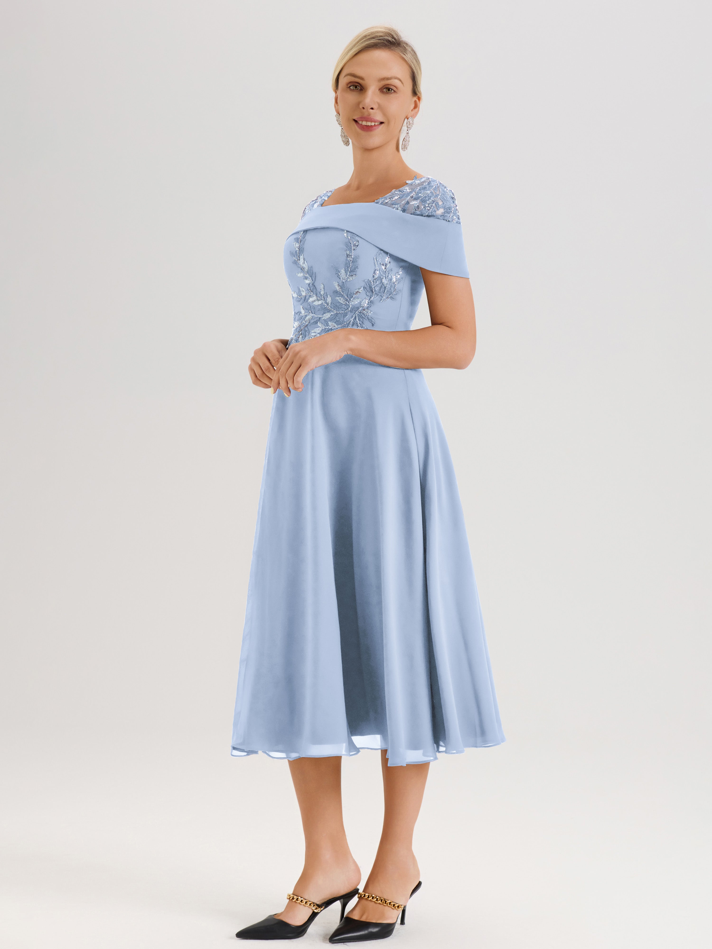 Cicinia Robe Trapèze Pour Mère De La Mariée Bleu Ciel En Mousseline Et Dentelle Col Carré Manches Courtes Longueur Mi-Mollet