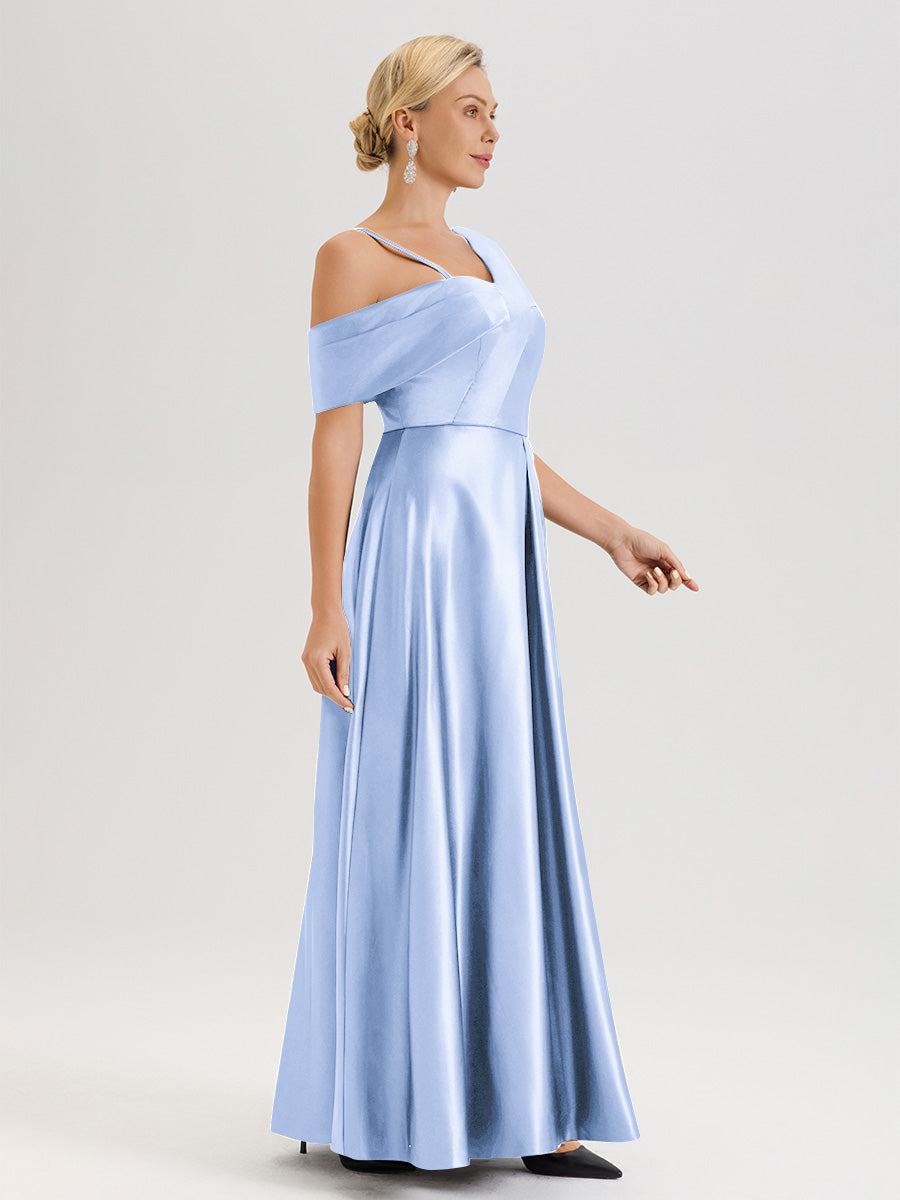 Cicinia Bleu Ciel Robe Mère De La Mariée Longueur Au Sol Trapèze Une Épaule En Satin Avec Jupe Plissée Fendue