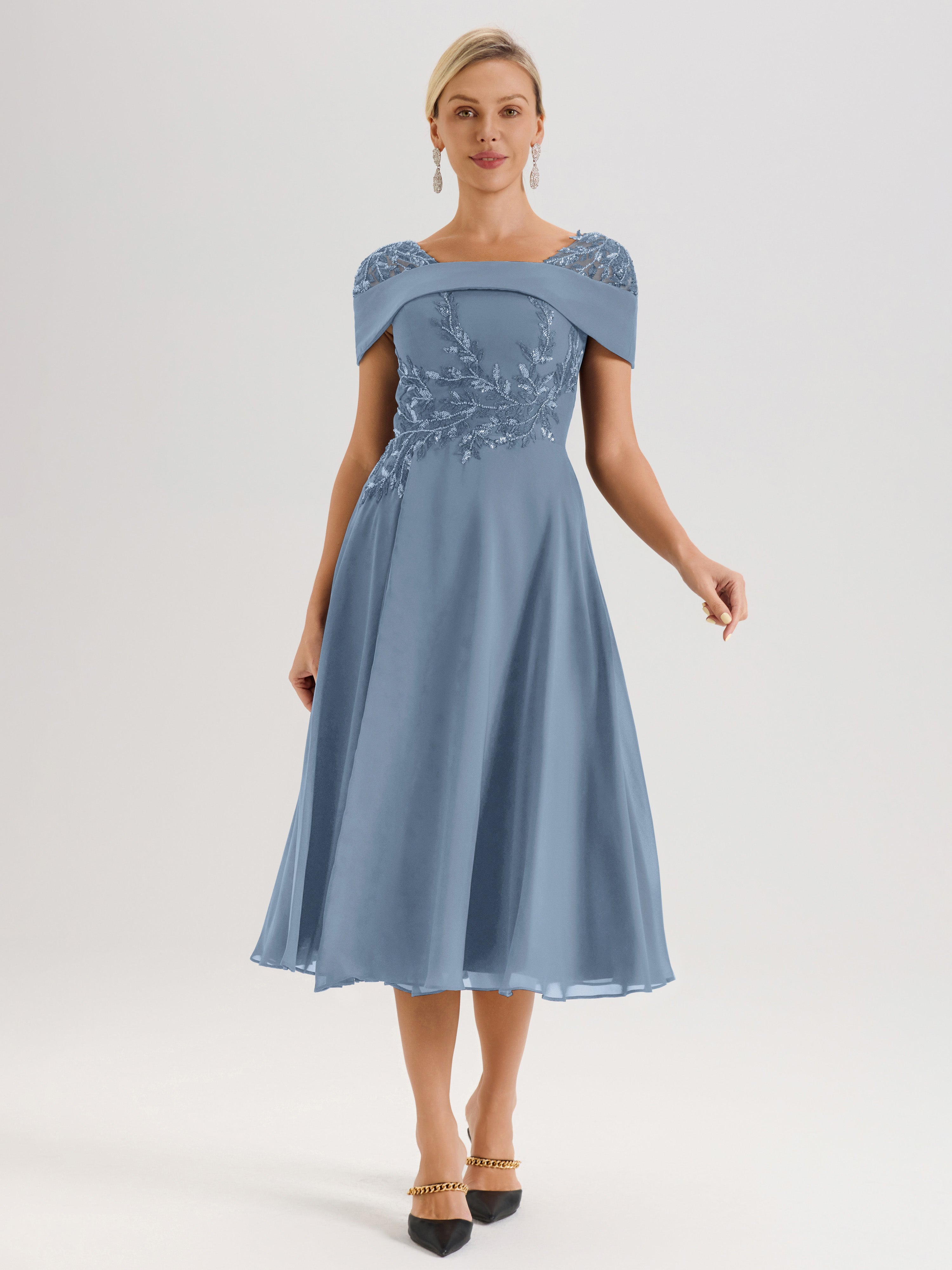 Cicinia Robe Trapèze Pour Mère De La Mariée Bleu De Schiste En Mousseline Et Dentelle Col Carré Manches Courtes Longueur Mi-Mollet