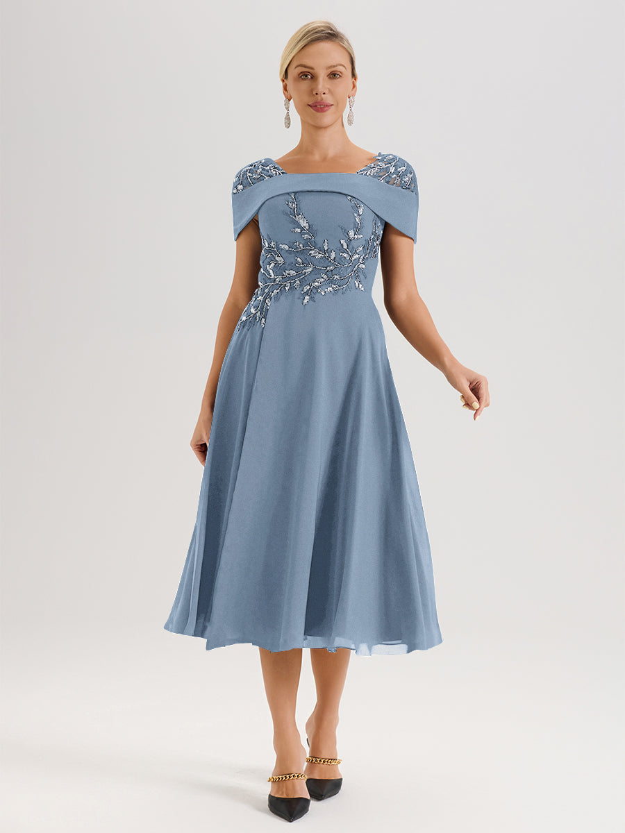 Cicinia Robe Trapèze Pour Mère De La Mariée Bleu De Schiste En Mousseline Et Dentelle Col Carré Manches Courtes Longueur Mi-Mollet