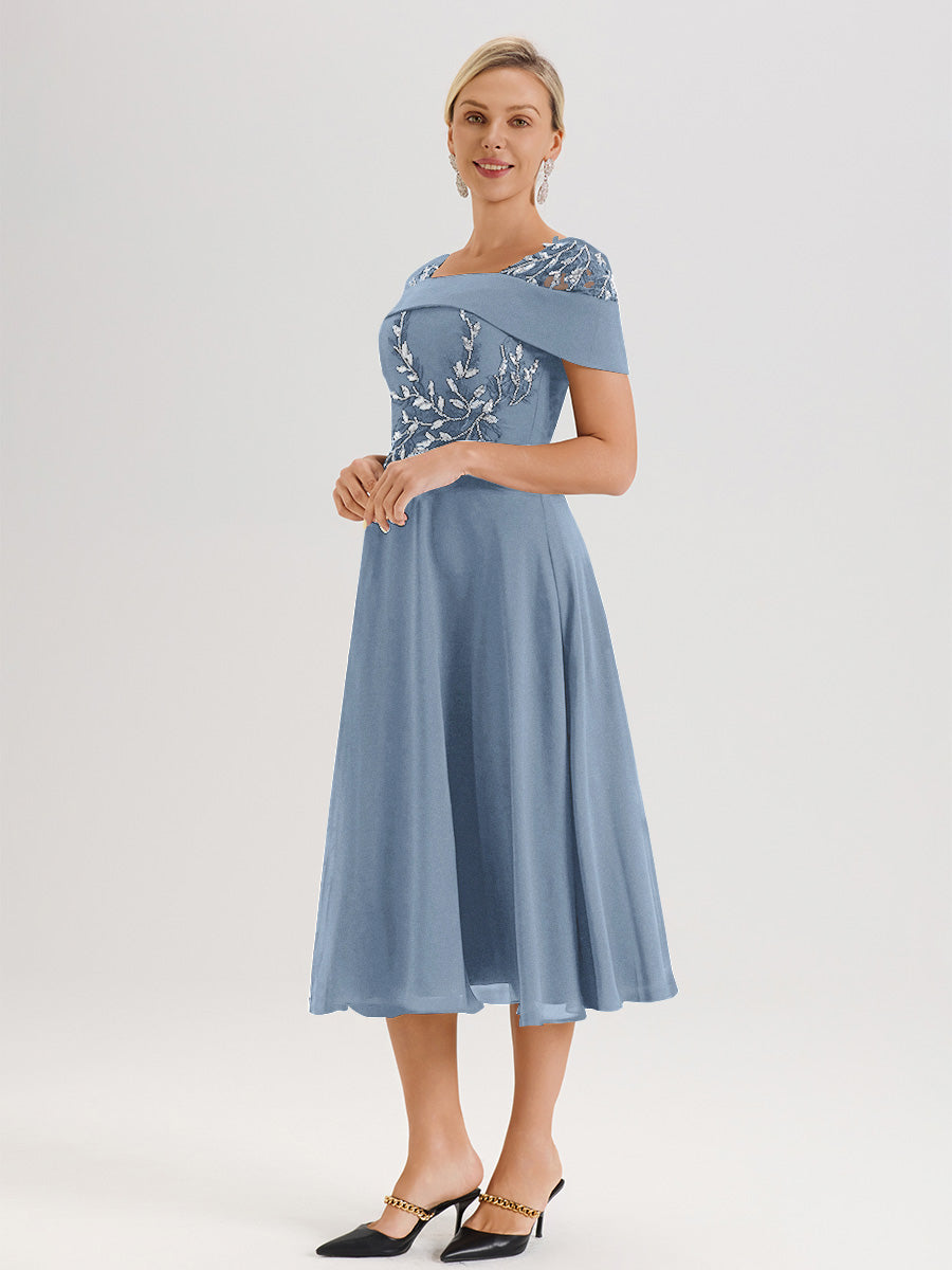 Cicinia Robe Trapèze Pour Mère De La Mariée Bleu De Schiste En Mousseline Et Dentelle Col Carré Manches Courtes Longueur Mi-Mollet