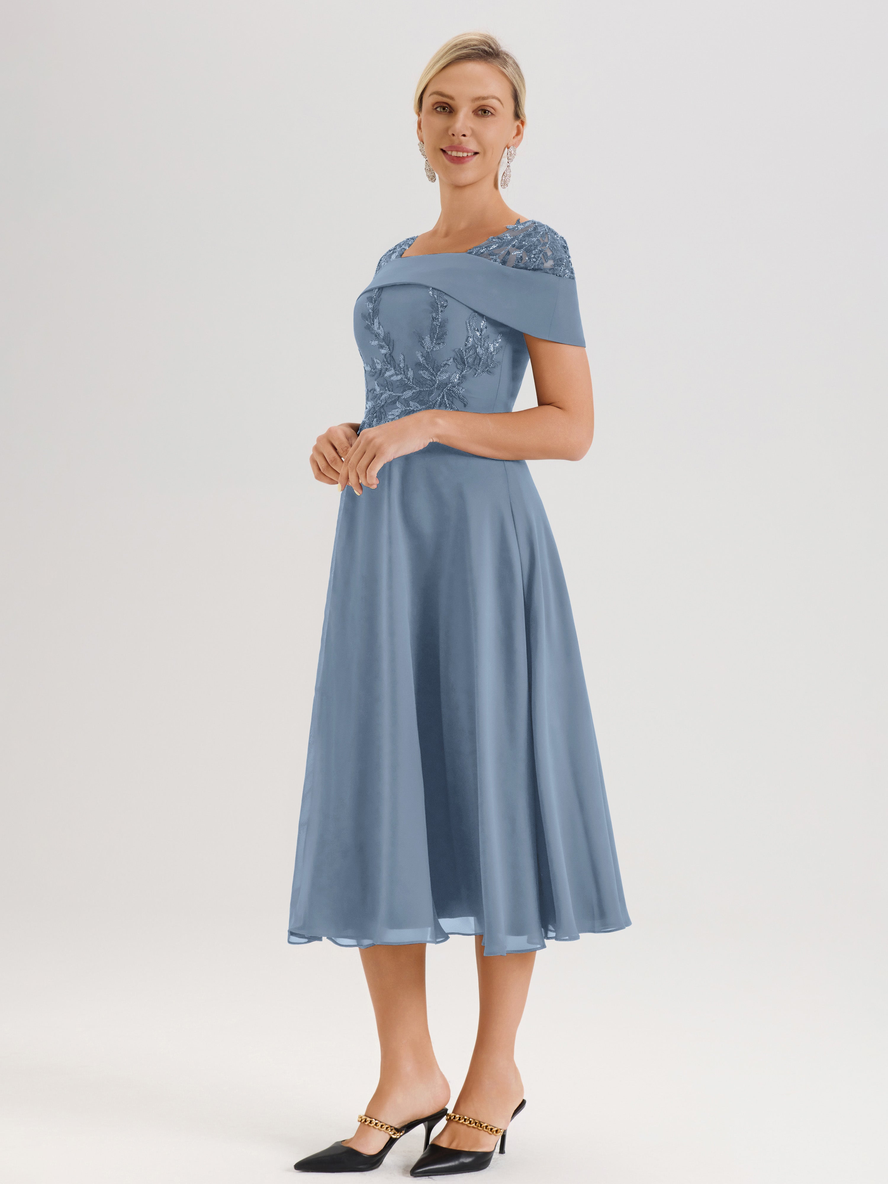 Cicinia Robe Trapèze Pour Mère De La Mariée Bleu De Schiste En Mousseline Et Dentelle Col Carré Manches Courtes Longueur Mi-Mollet