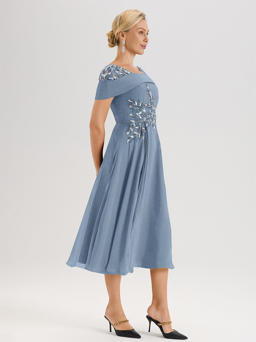 Cicinia Robe Trapèze Pour Mère De La Mariée Bleu De Schiste En Mousseline Et Dentelle Col Carré Manches Courtes Longueur Mi-Mollet