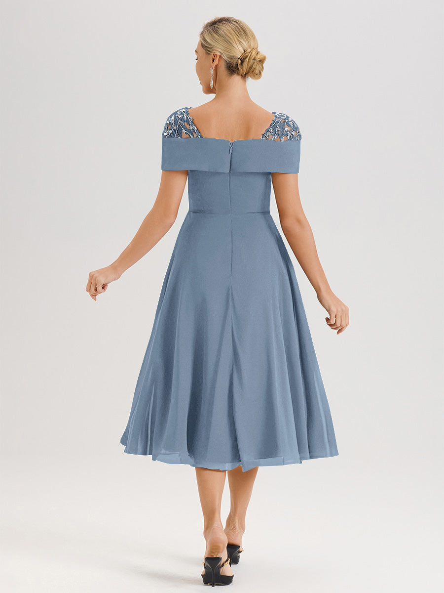 Cicinia Robe Trapèze Pour Mère De La Mariée Bleu De Schiste En Mousseline Et Dentelle Col Carré Manches Courtes Longueur Mi-Mollet