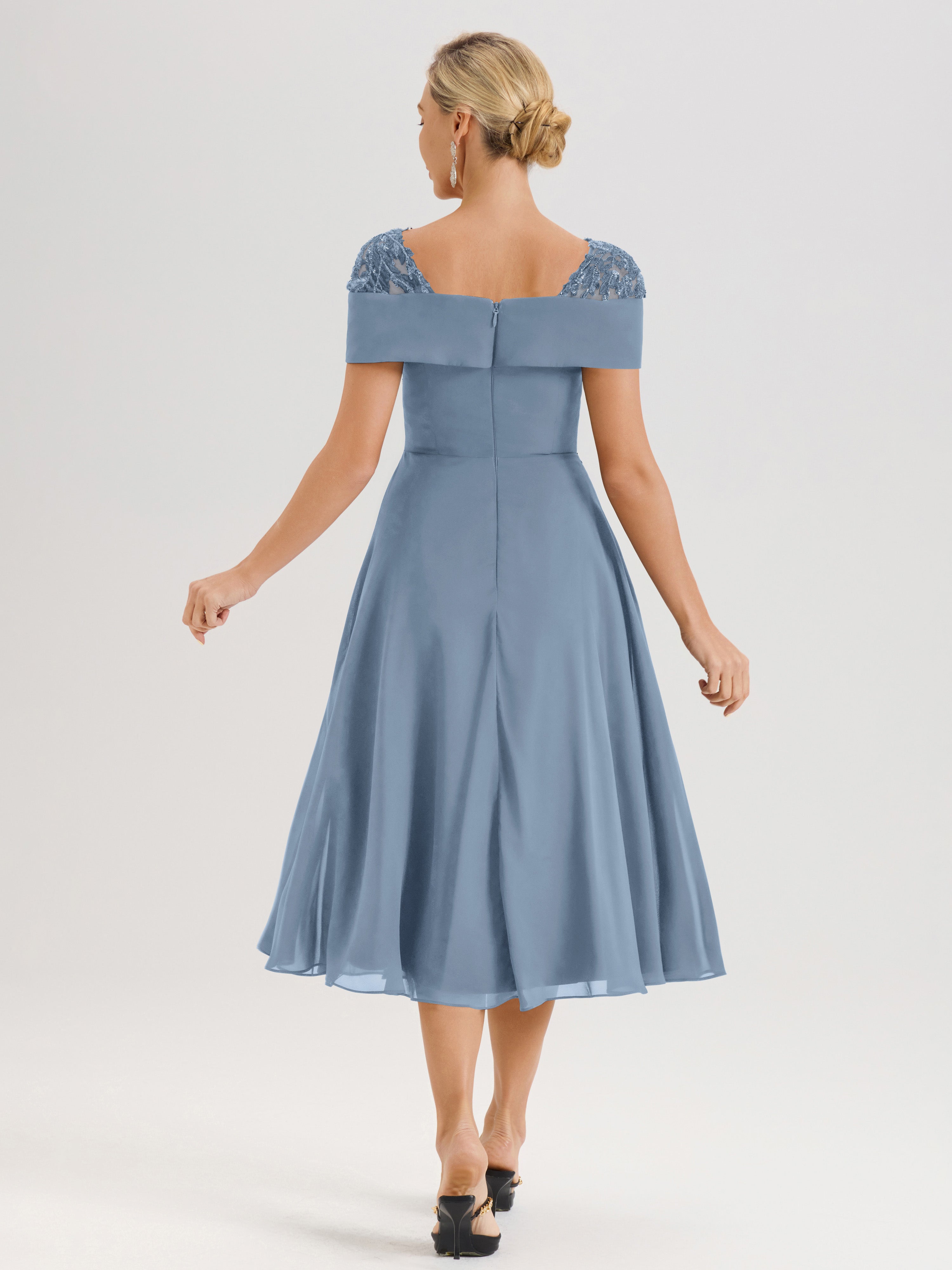 Cicinia Robe Trapèze Pour Mère De La Mariée Bleu De Schiste En Mousseline Et Dentelle Col Carré Manches Courtes Longueur Mi-Mollet