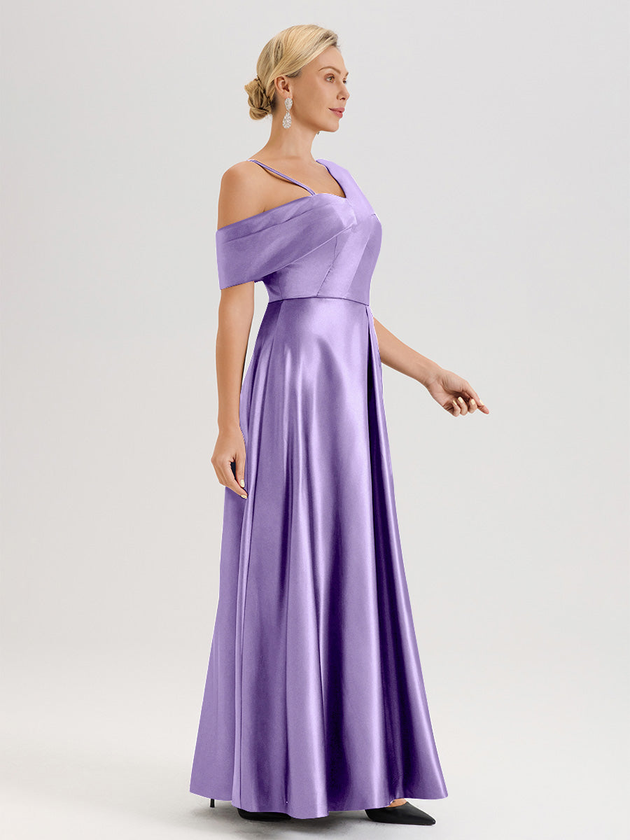 Cicinia Tahiti Robe Mère De La Mariée Longueur Au Sol Trapèze Une Épaule En Satin Avec Jupe Plissée Fendue