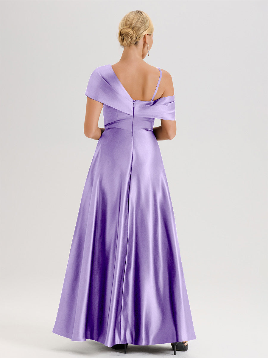 Cicinia Tahiti Robe Mère De La Mariée Longueur Au Sol Trapèze Une Épaule En Satin Avec Jupe Plissée Fendue