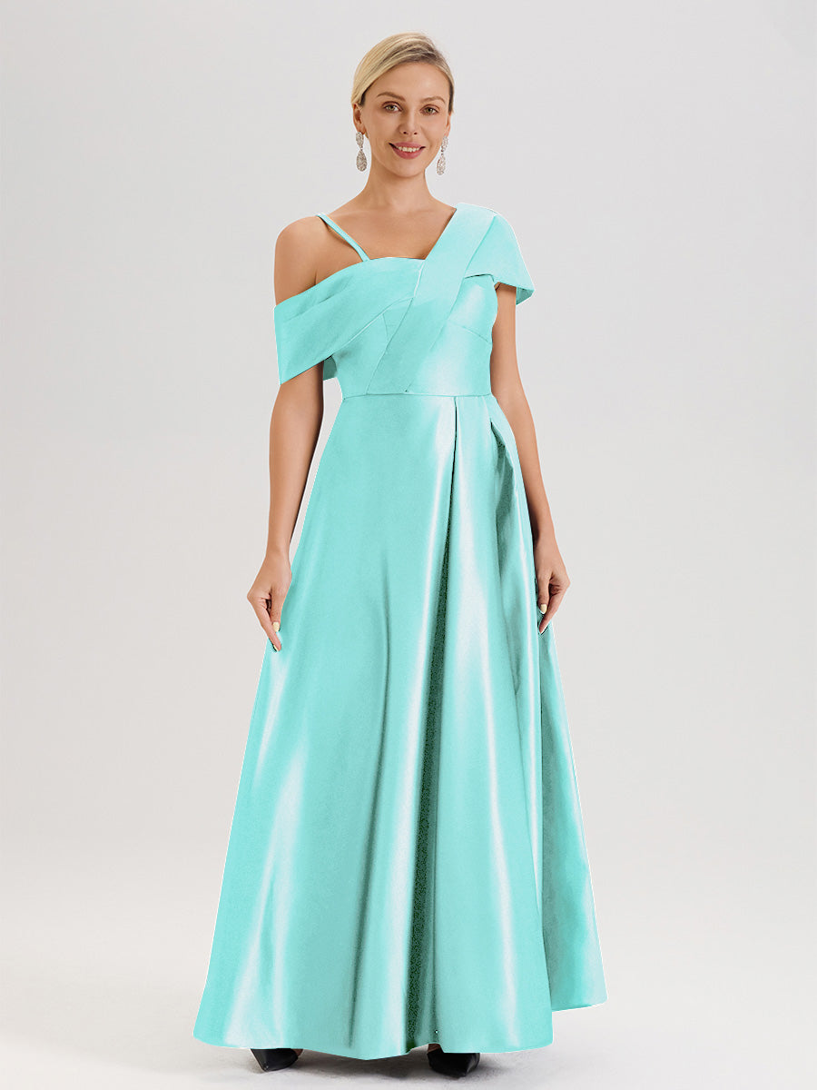 Cicinia Turquoise Robe Mère De La Mariée Longueur Au Sol Trapèze Une Épaule En Satin Avec Jupe Plissée Fendue