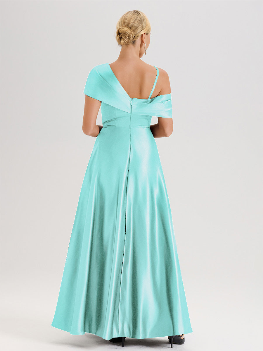 Cicinia Turquoise Robe Mère De La Mariée Longueur Au Sol Trapèze Une Épaule En Satin Avec Jupe Plissée Fendue