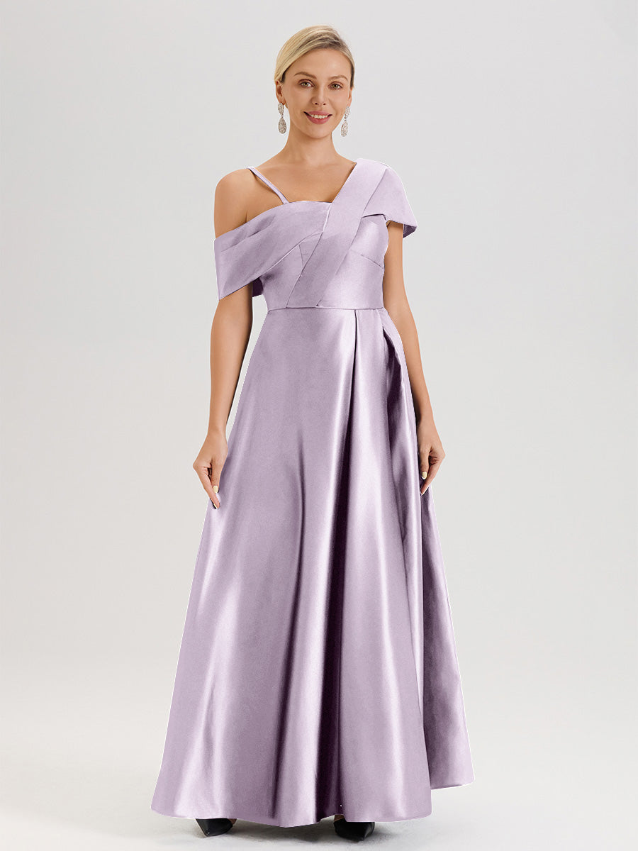 Cicinia Vintage Mauve Robe Mère De La Mariée Longueur Au Sol Trapèze Une Épaule En Satin Avec Jupe Plissée Fendue