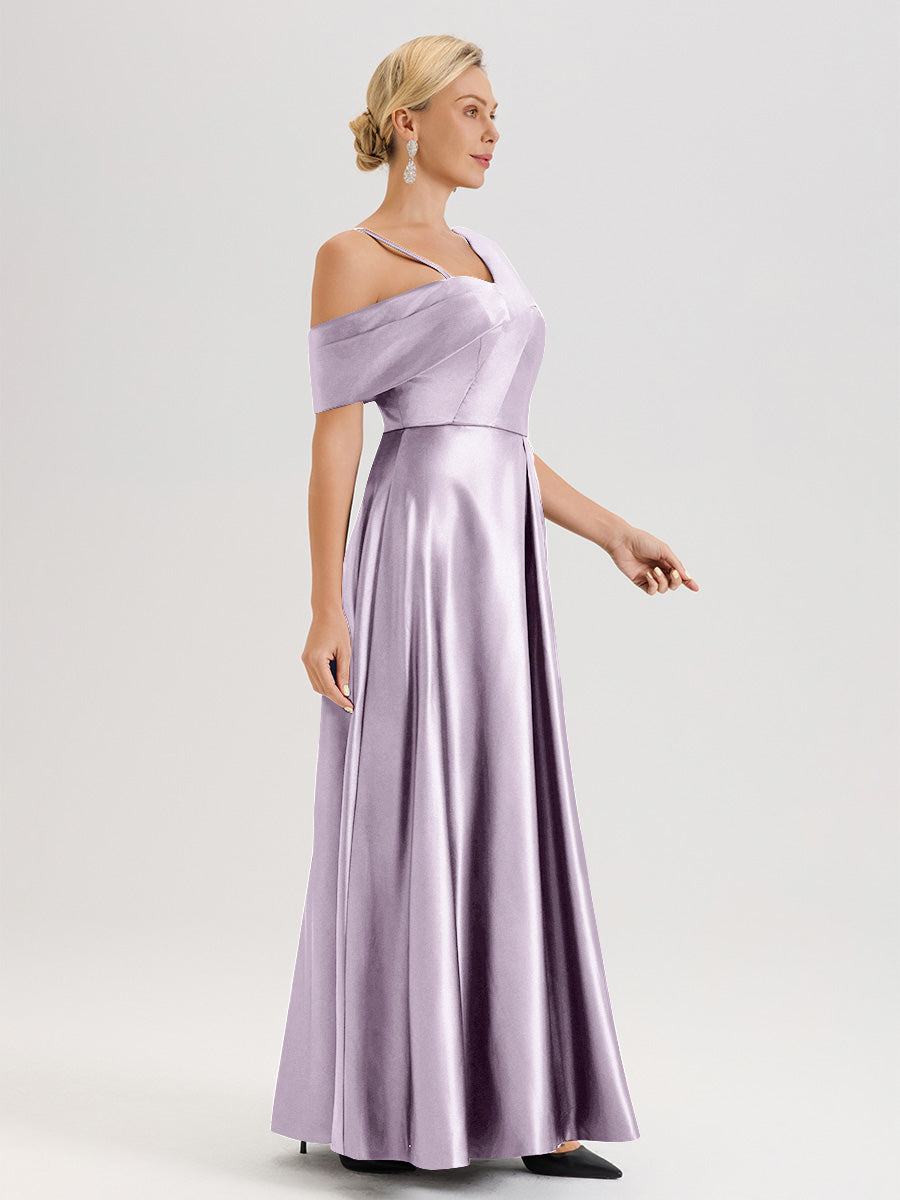 Cicinia Vintage Mauve Robe Mère De La Mariée Longueur Au Sol Trapèze Une Épaule En Satin Avec Jupe Plissée Fendue