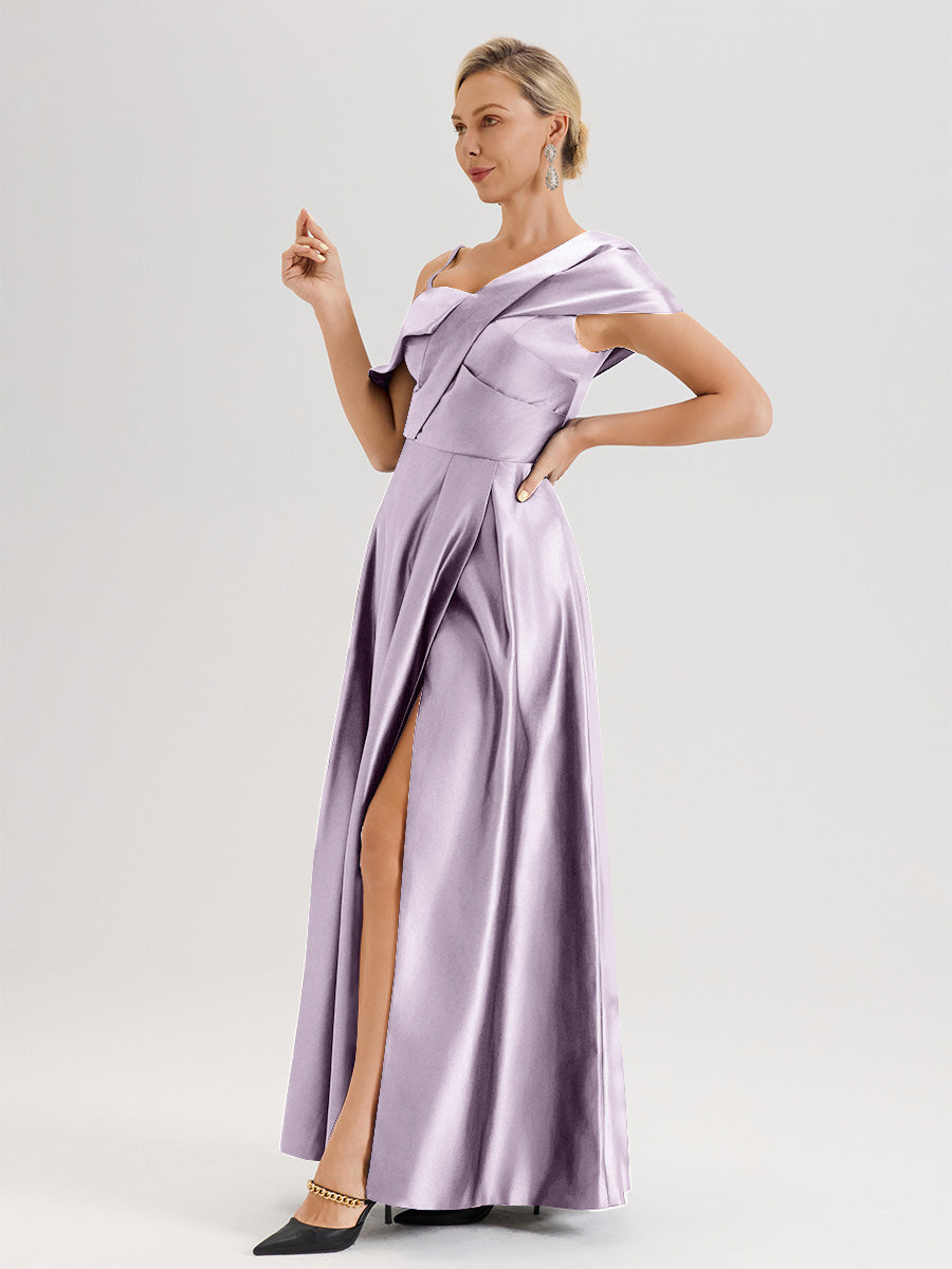Cicinia Vintage Mauve Robe Mère De La Mariée Longueur Au Sol Trapèze Une Épaule En Satin Avec Jupe Plissée Fendue