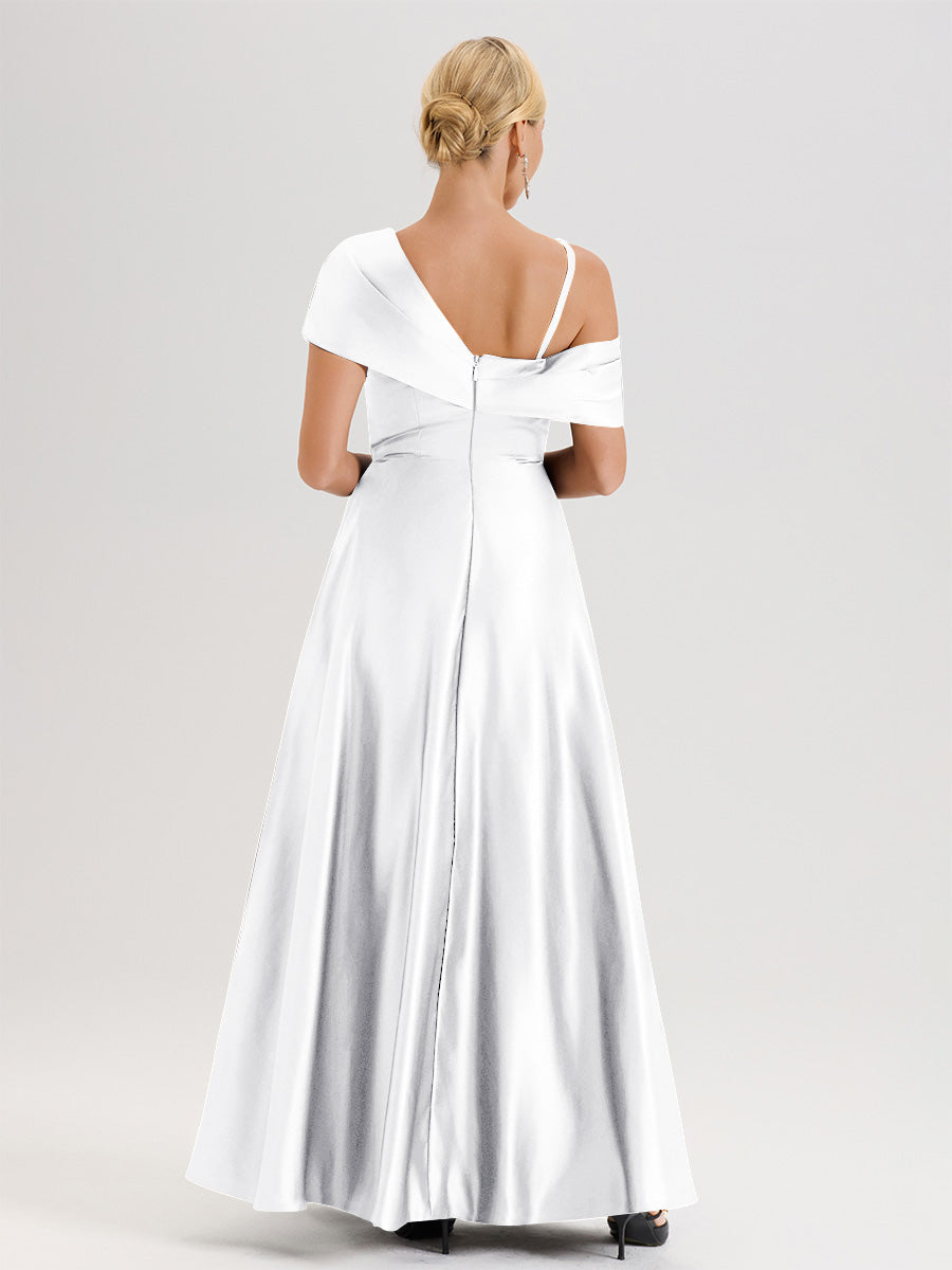 Cicinia Blanc Robe Mère De La Mariée Longueur Au Sol Trapèze Une Épaule En Satin Avec Jupe Plissée Fendue