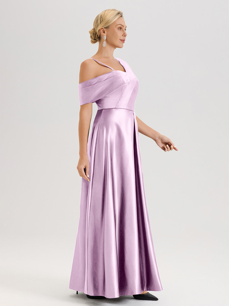 Cicinia Glycine Robe Mère De La Mariée Longueur Au Sol Trapèze Une Épaule En Satin Avec Jupe Plissée Fendue
