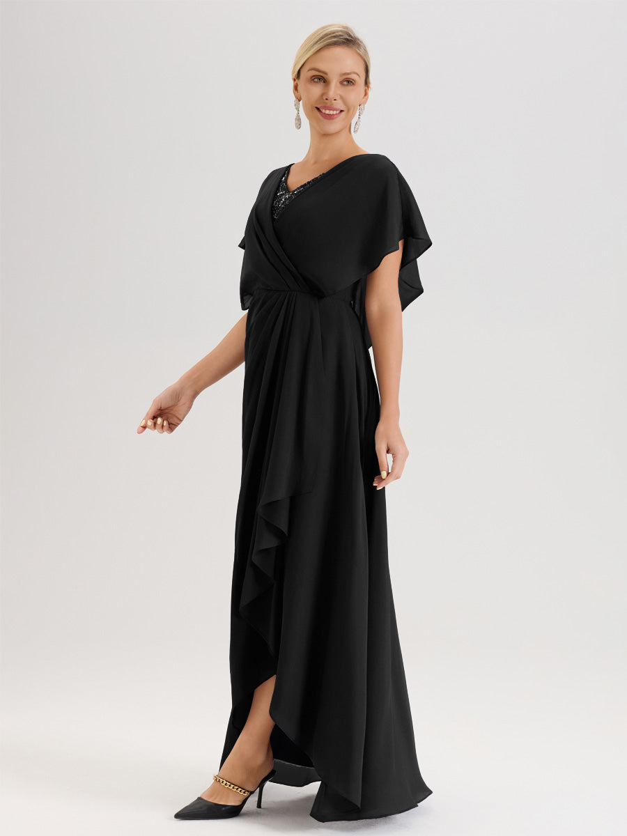 Cicinia Robe Mère De La Mariée Noir Avec Ourlet Asymétrique Et Manches Volants Décolleté En V En Chiffon Longueur Sol