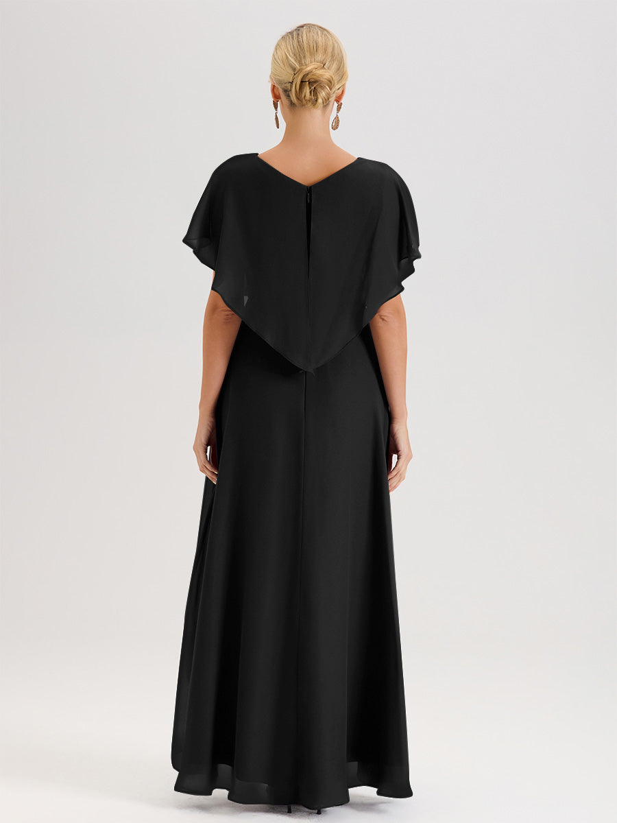 Cicinia Robe Mère De La Mariée Noir Avec Ourlet Asymétrique Et Manches Volants Décolleté En V En Chiffon Longueur Sol