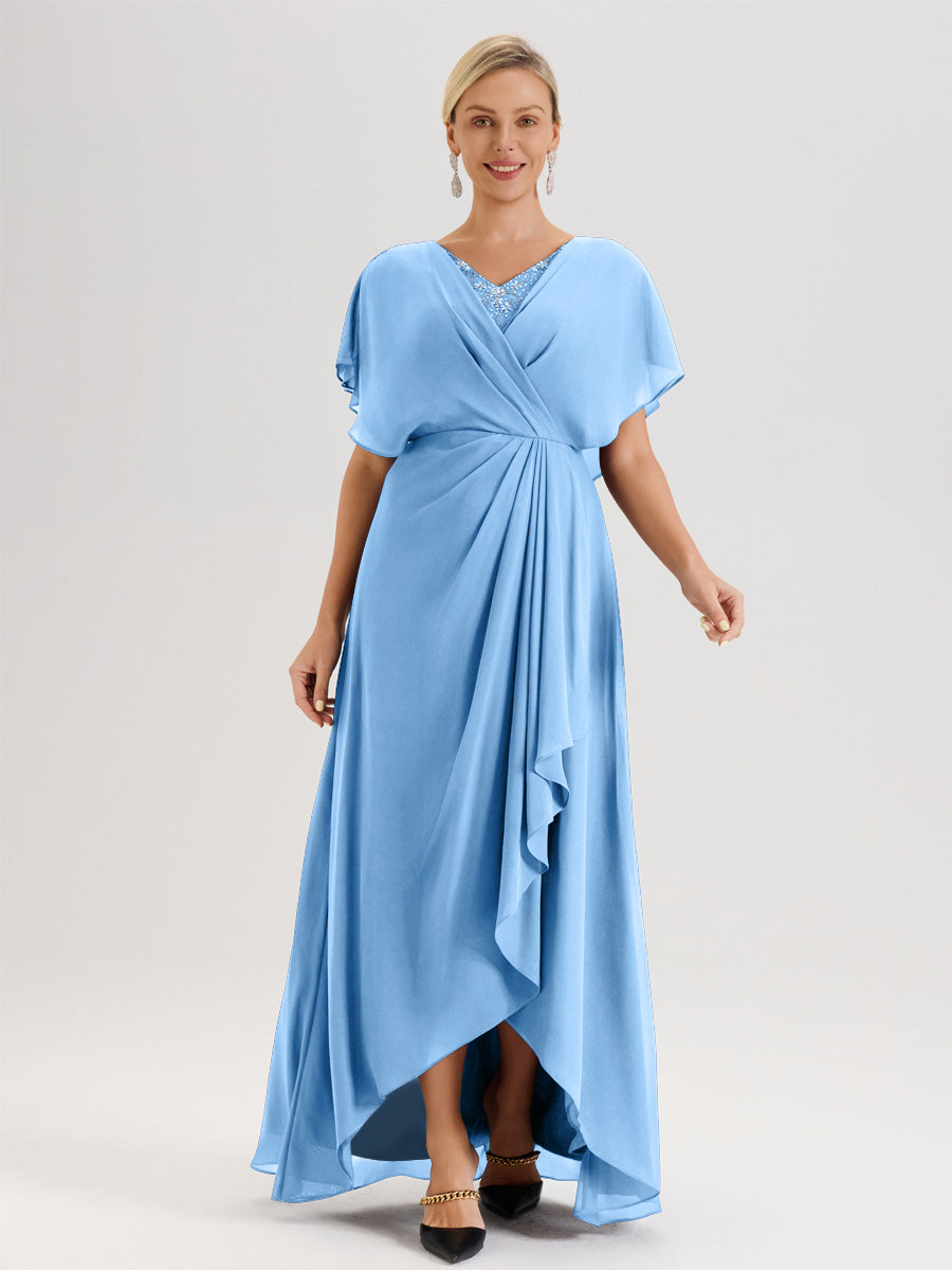 Cicinia Robe Mère De La Mariée Bleu Avec Ourlet Asymétrique Et Manches Volants Décolleté En V En Chiffon Longueur Sol
