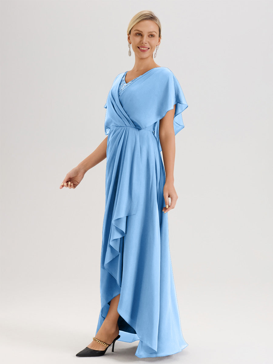 Cicinia Robe Mère De La Mariée Bleu Avec Ourlet Asymétrique Et Manches Volants Décolleté En V En Chiffon Longueur Sol