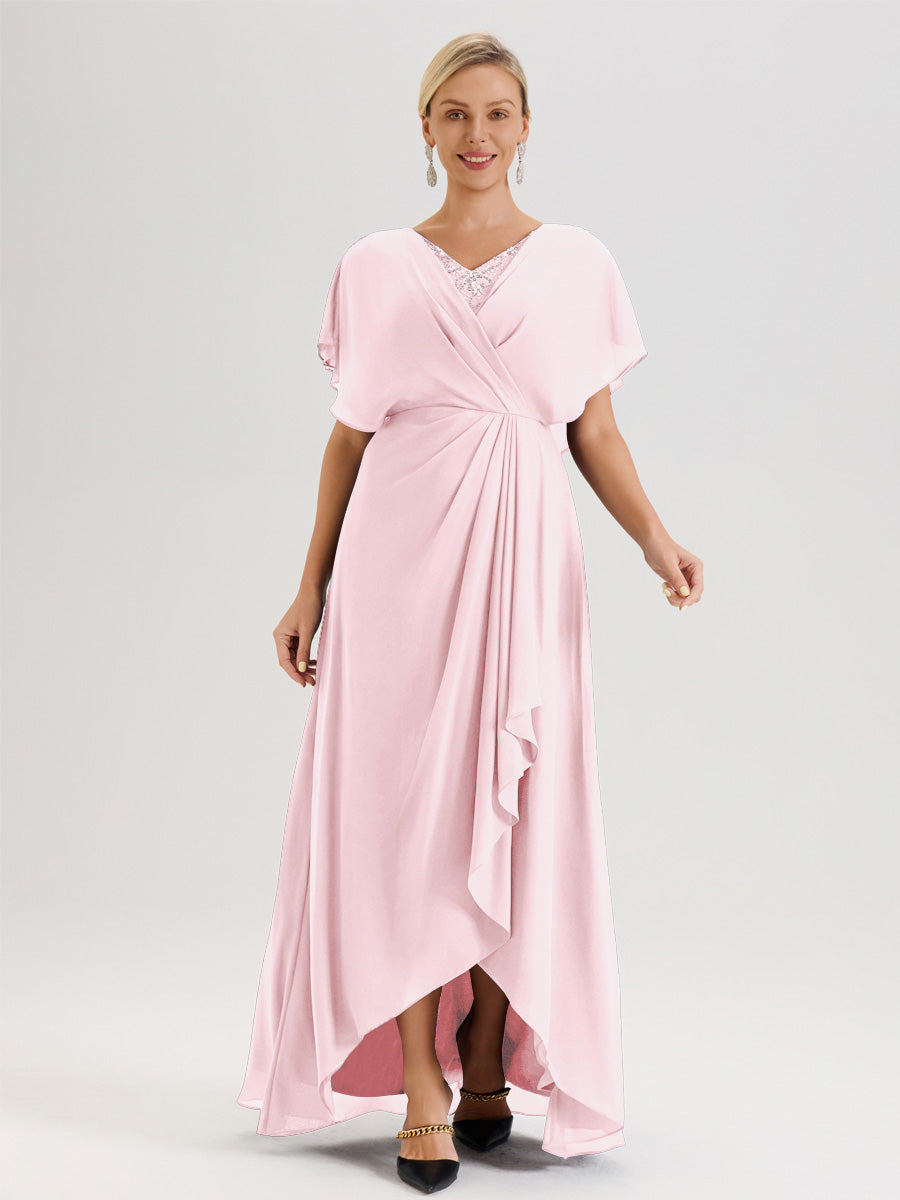 Cicinia Robe Mère De La Mariée Rose Pale Avec Ourlet Asymétrique Et Manches Volants Décolleté En V En Chiffon Longueur Sol