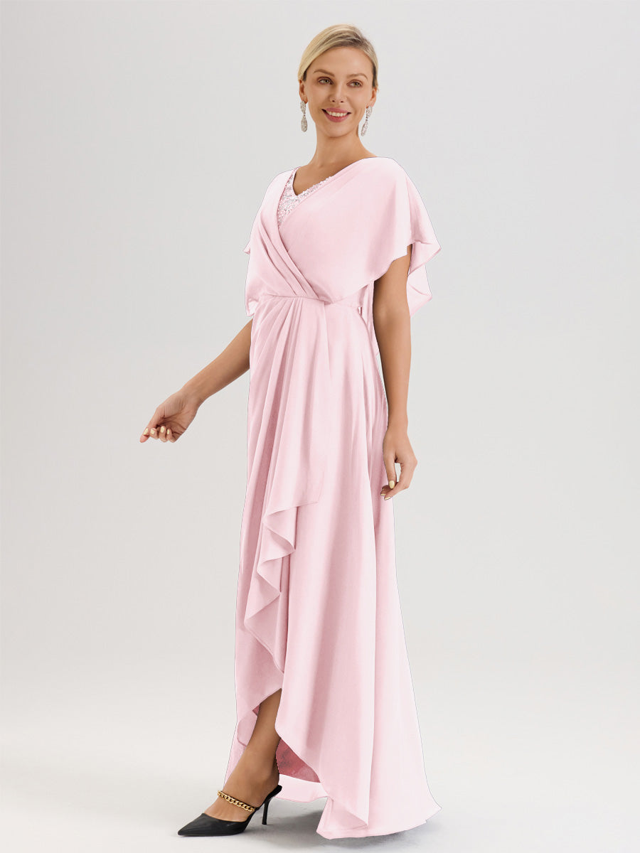 Cicinia Robe Mère De La Mariée Rose Pale Avec Ourlet Asymétrique Et Manches Volants Décolleté En V En Chiffon Longueur Sol