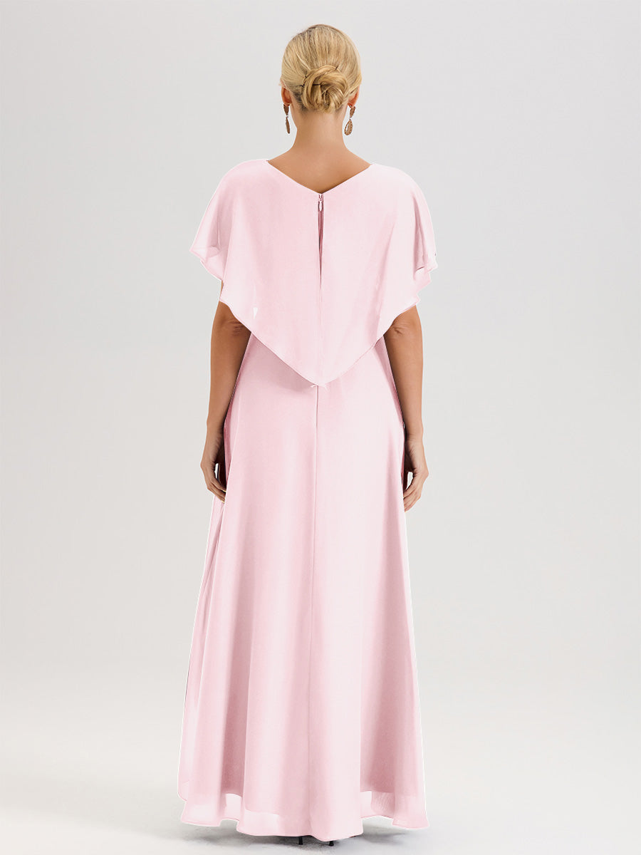 Cicinia Robe Mère De La Mariée Rose Pale Avec Ourlet Asymétrique Et Manches Volants Décolleté En V En Chiffon Longueur Sol