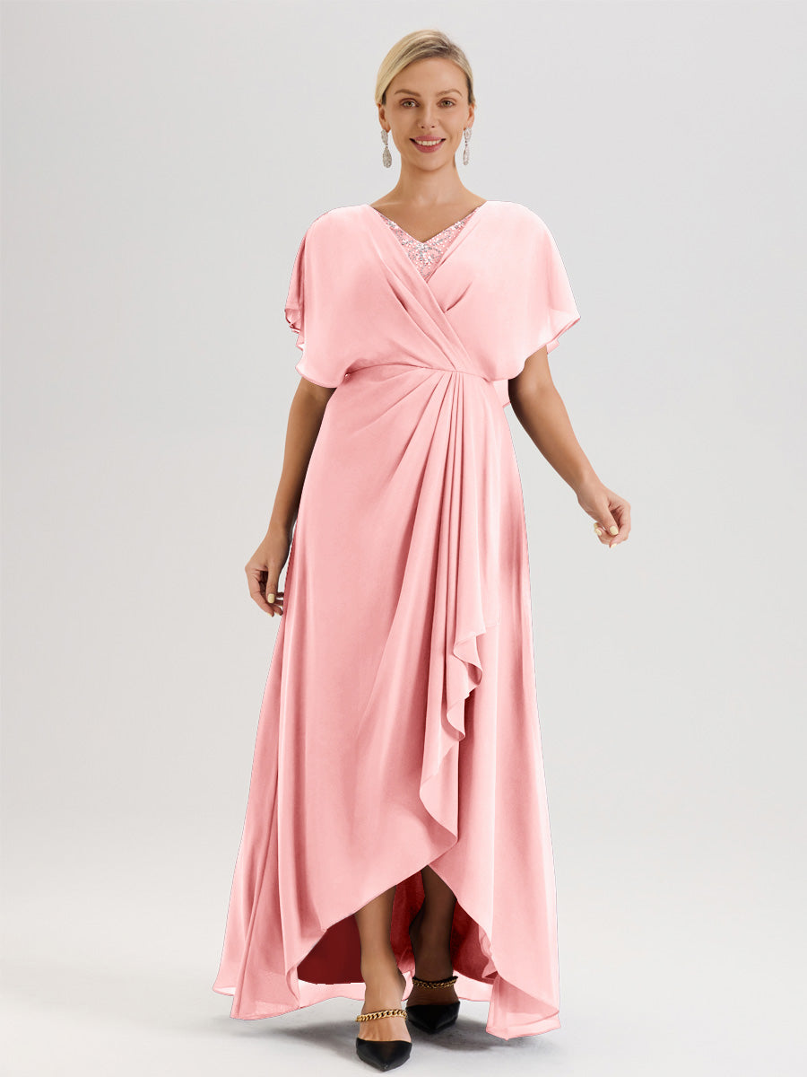 Cicinia Robe Mère De La Mariée Rose Doux Avec Ourlet Asymétrique Et Manches Volants Décolleté En V En Chiffon Longueur Sol