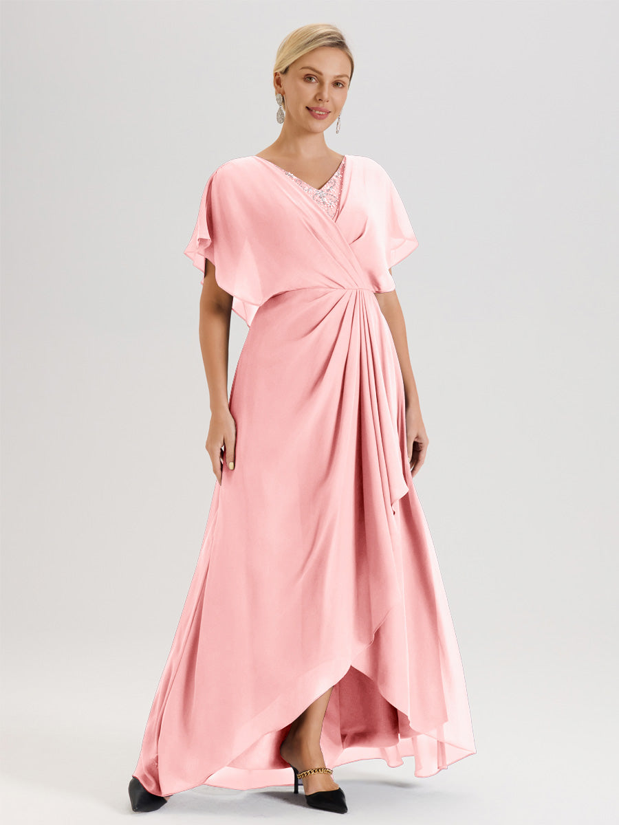 Cicinia Robe Mère De La Mariée Rose Doux Avec Ourlet Asymétrique Et Manches Volants Décolleté En V En Chiffon Longueur Sol