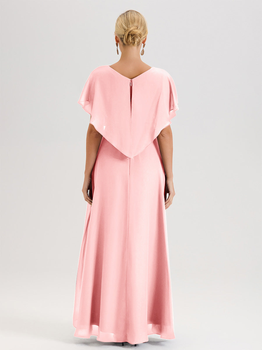 Cicinia Robe Mère De La Mariée Rose Doux Avec Ourlet Asymétrique Et Manches Volants Décolleté En V En Chiffon Longueur Sol