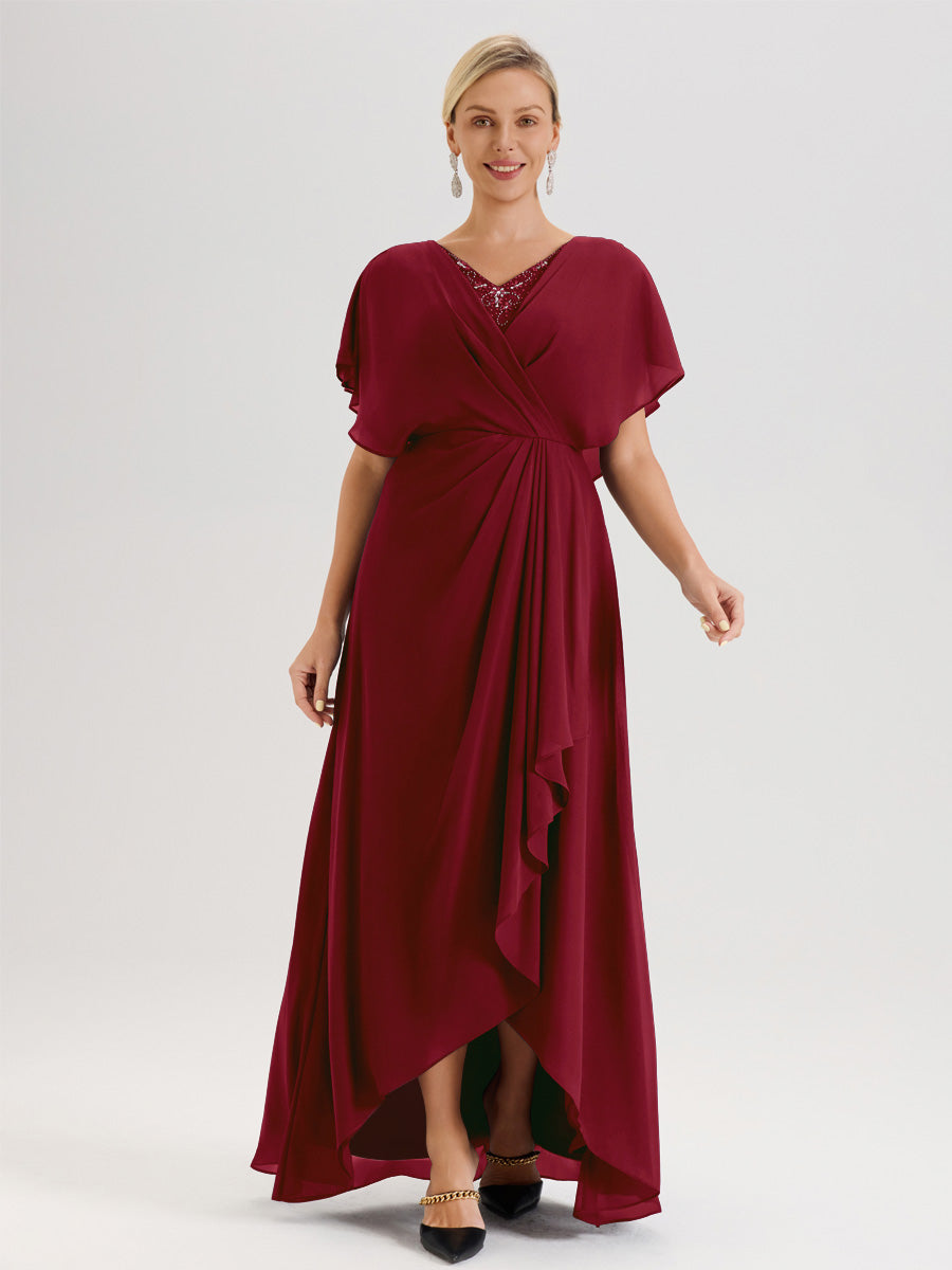 Cicinia Robe Mère De La Mariée Couleur Bordeaux Avec Ourlet Asymétrique Et Manches Volants Décolleté En V En Chiffon Longueur Sol