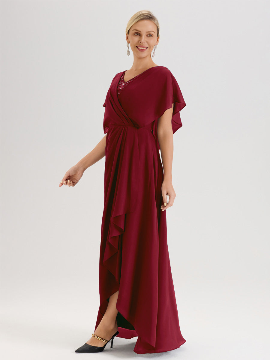 Cicinia Robe Mère De La Mariée Couleur Bordeaux Avec Ourlet Asymétrique Et Manches Volants Décolleté En V En Chiffon Longueur Sol
