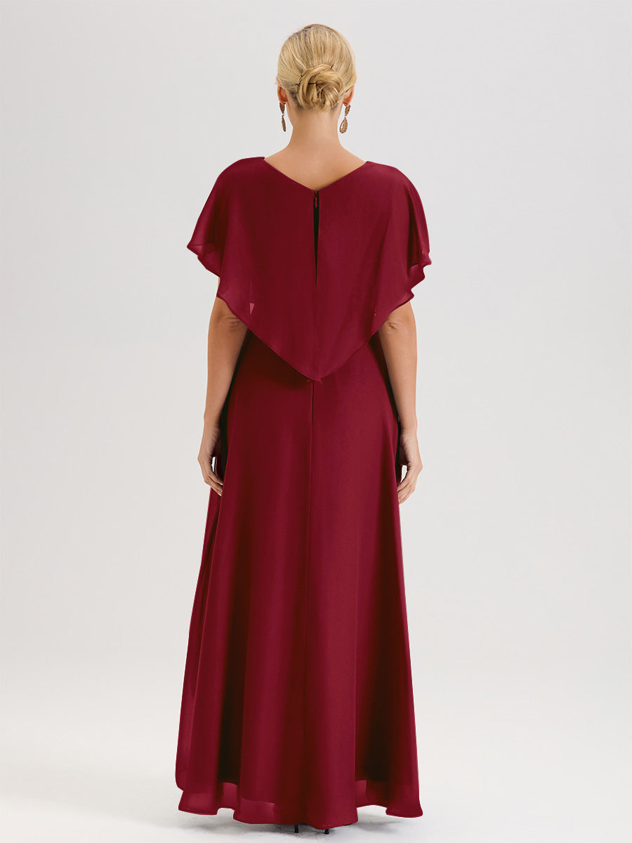 Cicinia Robe Mère De La Mariée Couleur Bordeaux Avec Ourlet Asymétrique Et Manches Volants Décolleté En V En Chiffon Longueur Sol